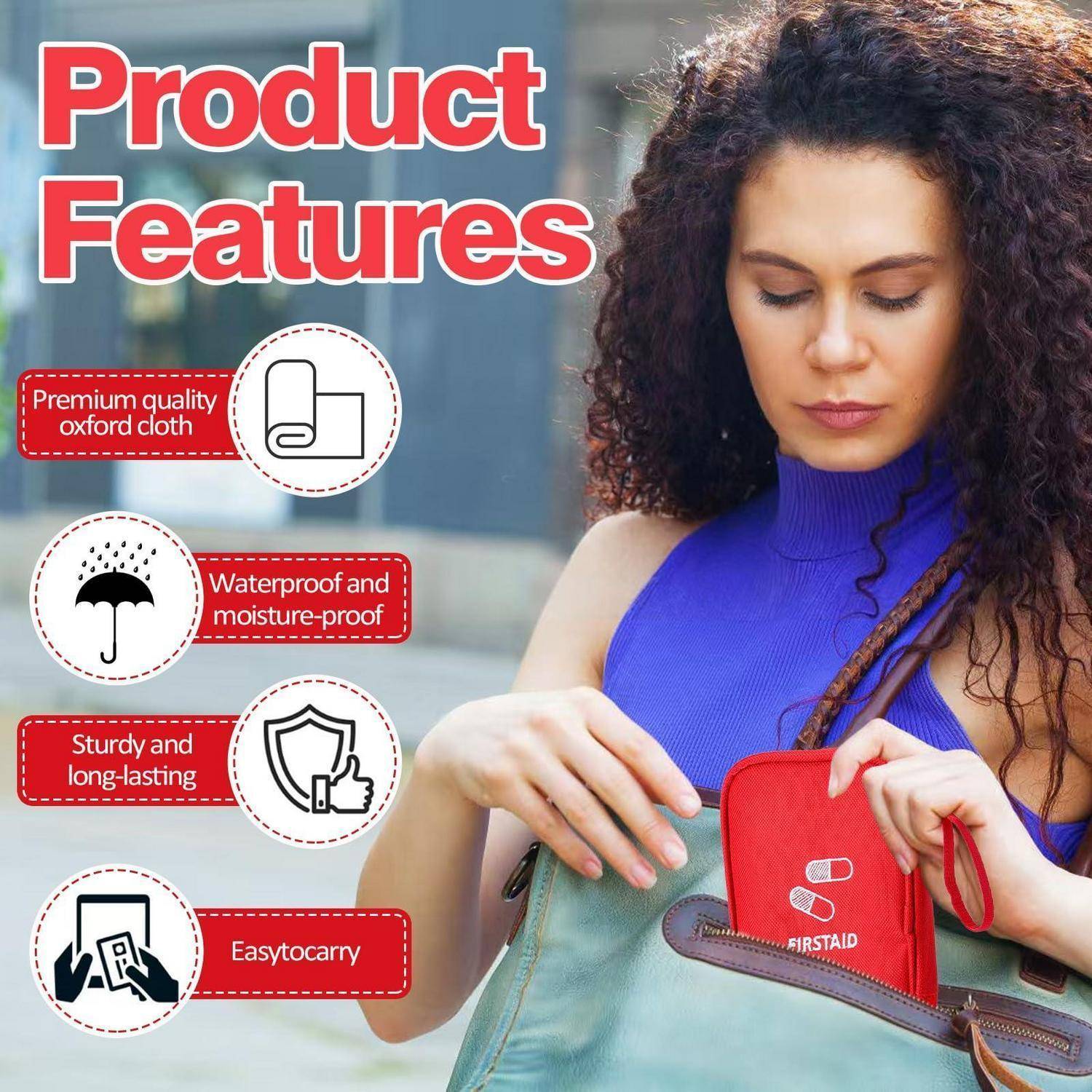 Eine Frau hält eine rote Erste-Hilfe-Tasche aus einer Handtasche neben dem Text „Produktmerkmale