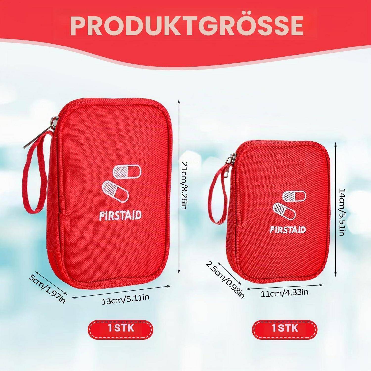 Größentabelle für Produkte mit zwei roten FIRSTAID-Reißverschlussbeuteln, einer mit den Maßen 21x13x5 cm und einem kleineren mit den Maßen 14x11x2,5 cm, jeweils mit der Bezeichnung 1 Stück.