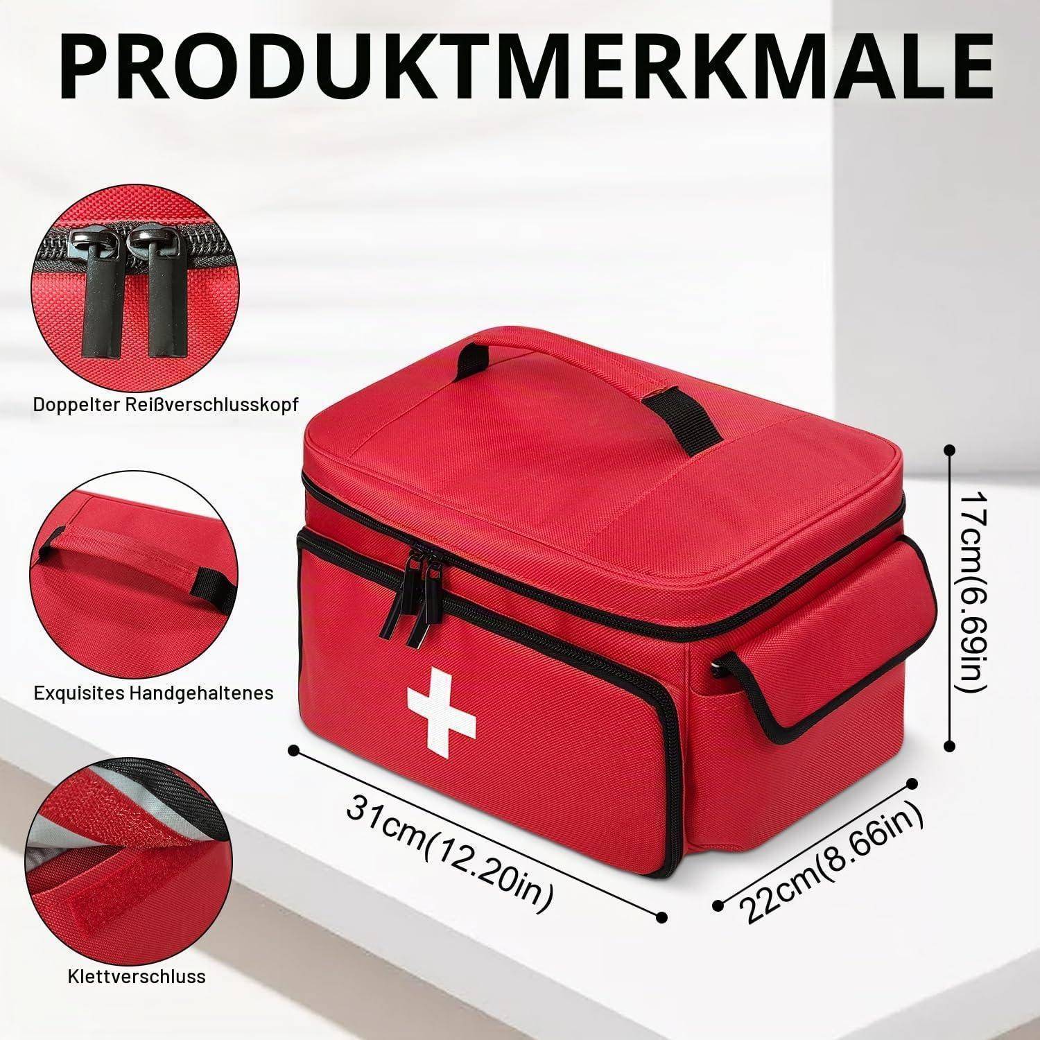 Rote Erste-Hilfe-Tasche mit Kreuz, dargestellt als Produktmerkmal-Grafik mit Doppelreißverschluss, Griff, Klettverschluss und Abmessungen 31 x 22 x 17 cm.