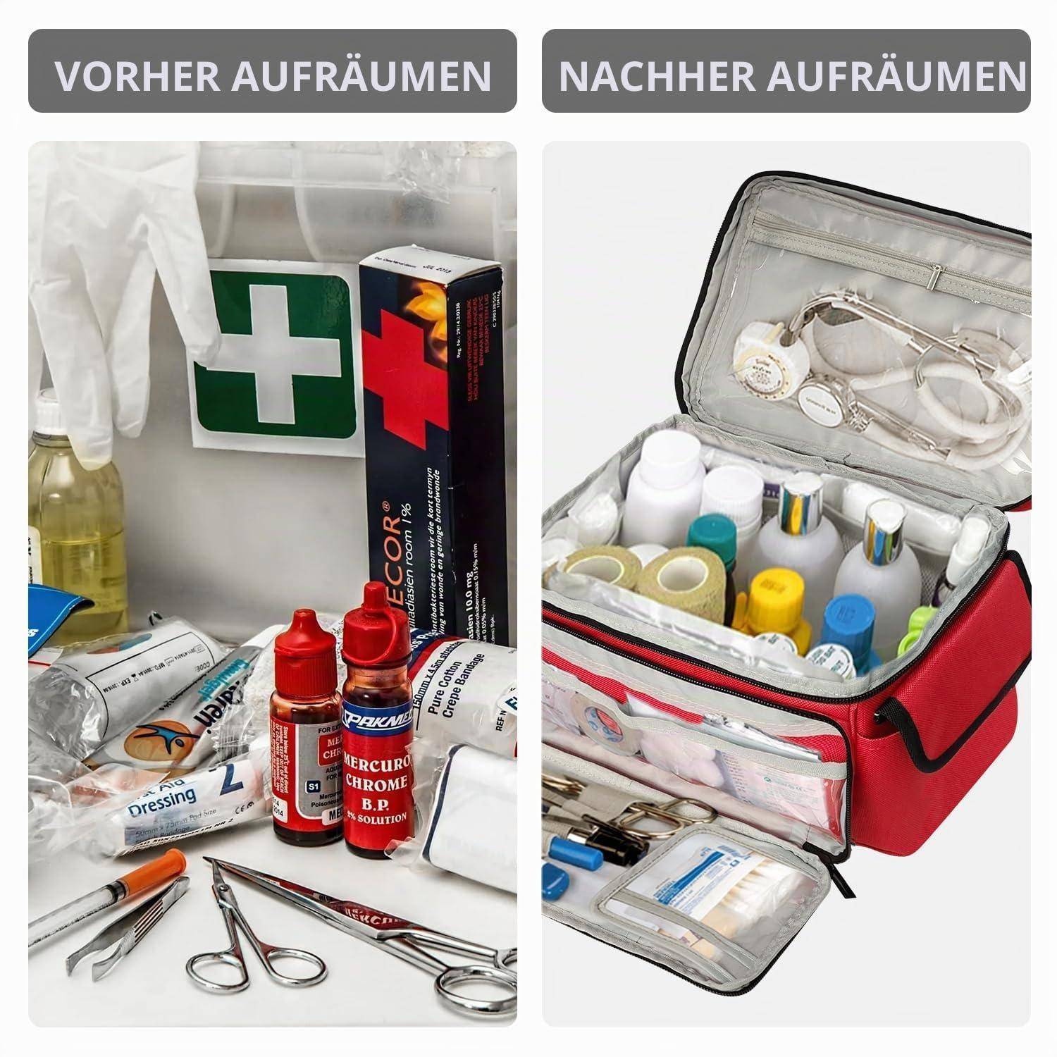 Vorher-und-Nachher-Organisation eines Medizinsets: ungeordnete Erste-Hilfe-Materialien auf der linken Seite, ordentlich angeordnet in einer roten Reißverschlusstasche auf der rechten Seite.