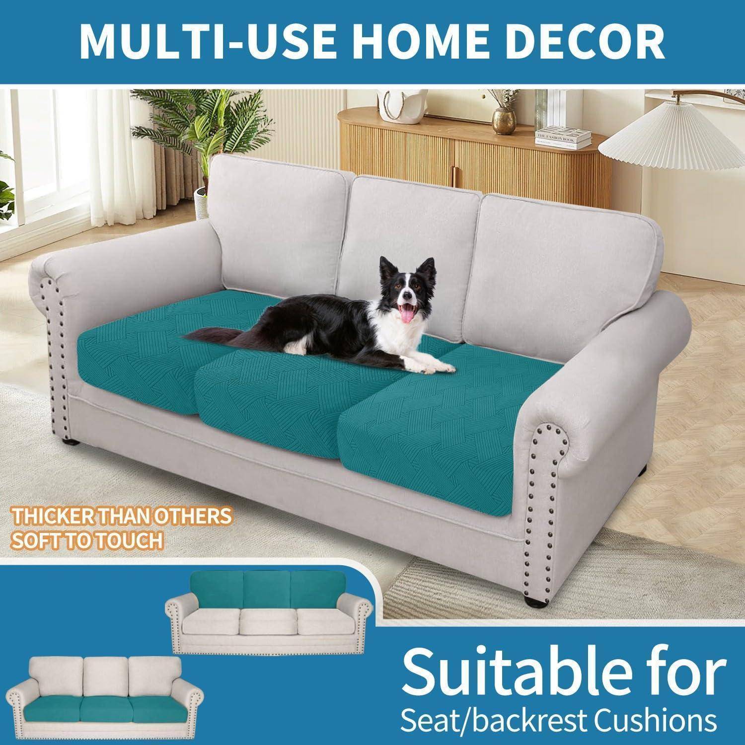 Produktanzeige mit einem türkisfarbenen Sofaschoner für Sitz- und Rückenkissen auf einem Sofa, auf dem ein Hund liegt; der Text sagt „Mehrzweck-Wohndekoration" und „Geeignet für Sitz-/Rückenlehnen-Kissen"".