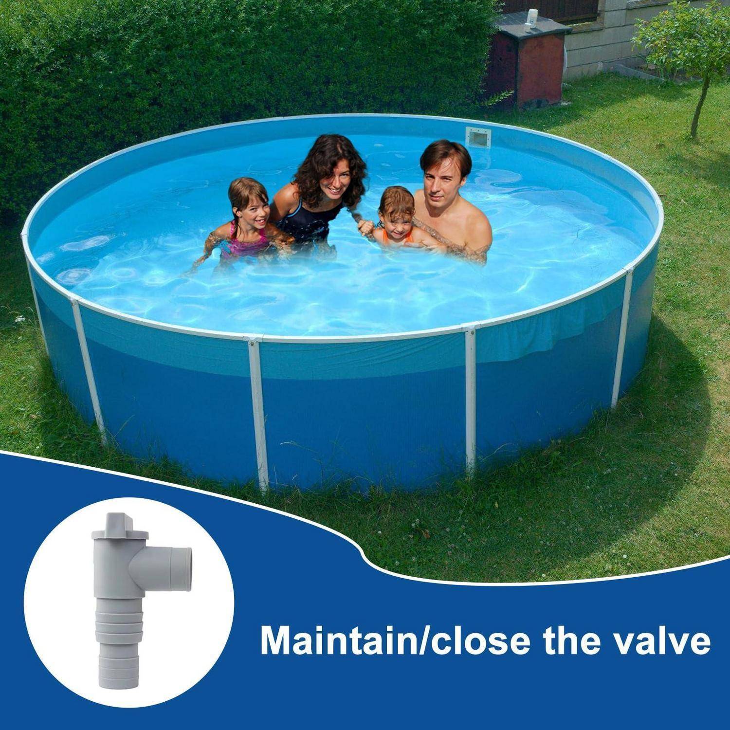 Familie in einem runden aufblasbaren Pool; Ausschnitt zeigt ein Ventil mit Text „Ventil warten/schließen