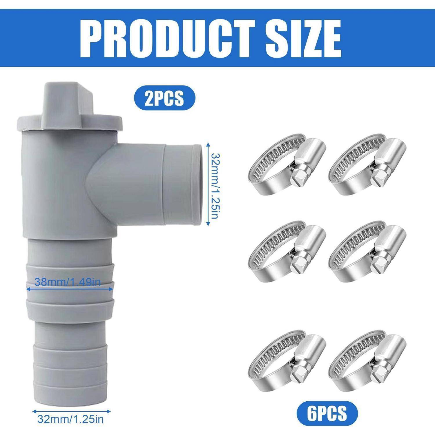 Produktgrößendiagramm, das einen grauen Kunststoffschlauchverbinder mit der Bezeichnung 2PCS zeigt, mit Abmessungen von 32 mm und 38 mm, sowie 6 Metallschlauchschellen mit der Bezeichnung 6PCS.