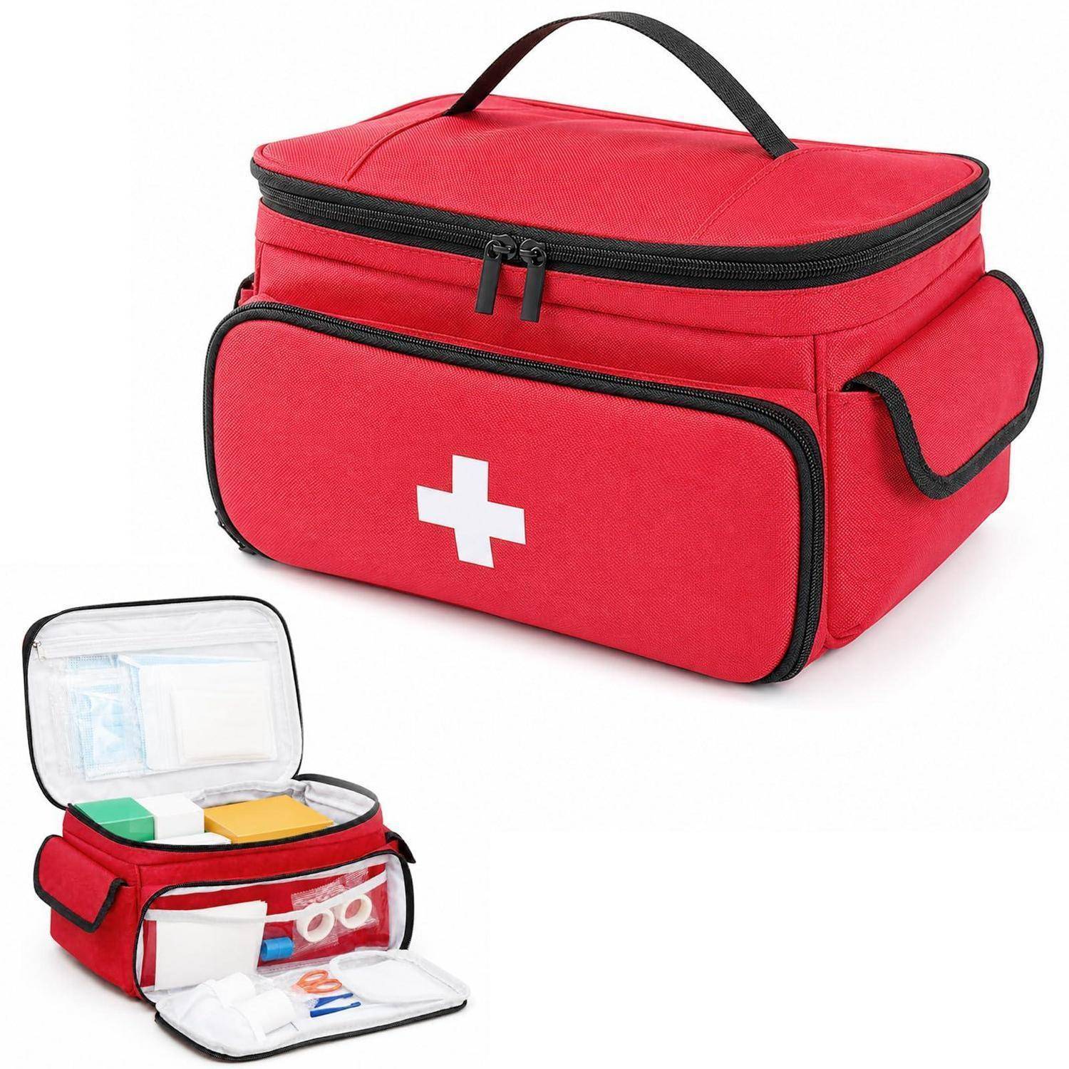 Rote Erste-Hilfe-Tasche mit weißem Kreuz, geschlossen und offen mit medizinischen Utensilien im Inneren gezeigt.