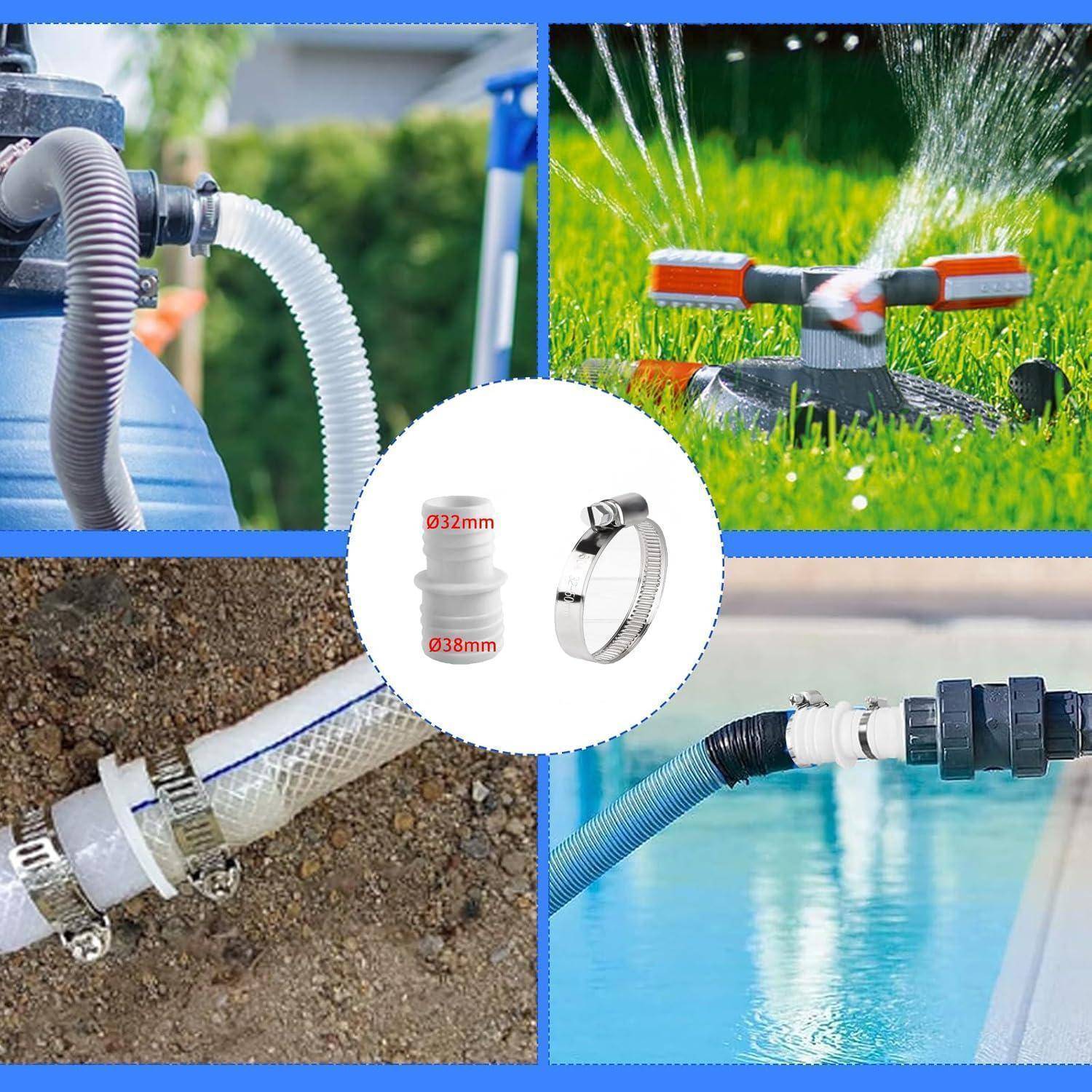 Pool Schlauchverbinder 32 auf 38mm, 4 Stück mit 8 Edelstahl Schlauchschellen