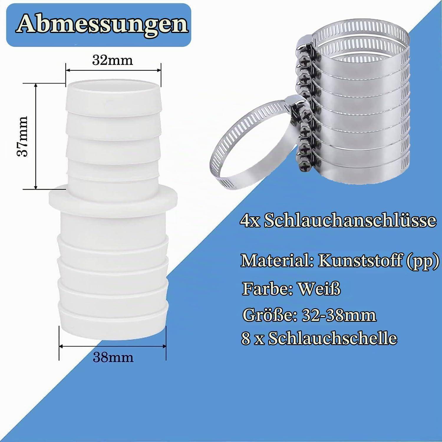 Pool Schlauchverbinder 32 auf 38mm, 4 Stück mit 8 Edelstahl Schlauchschellen