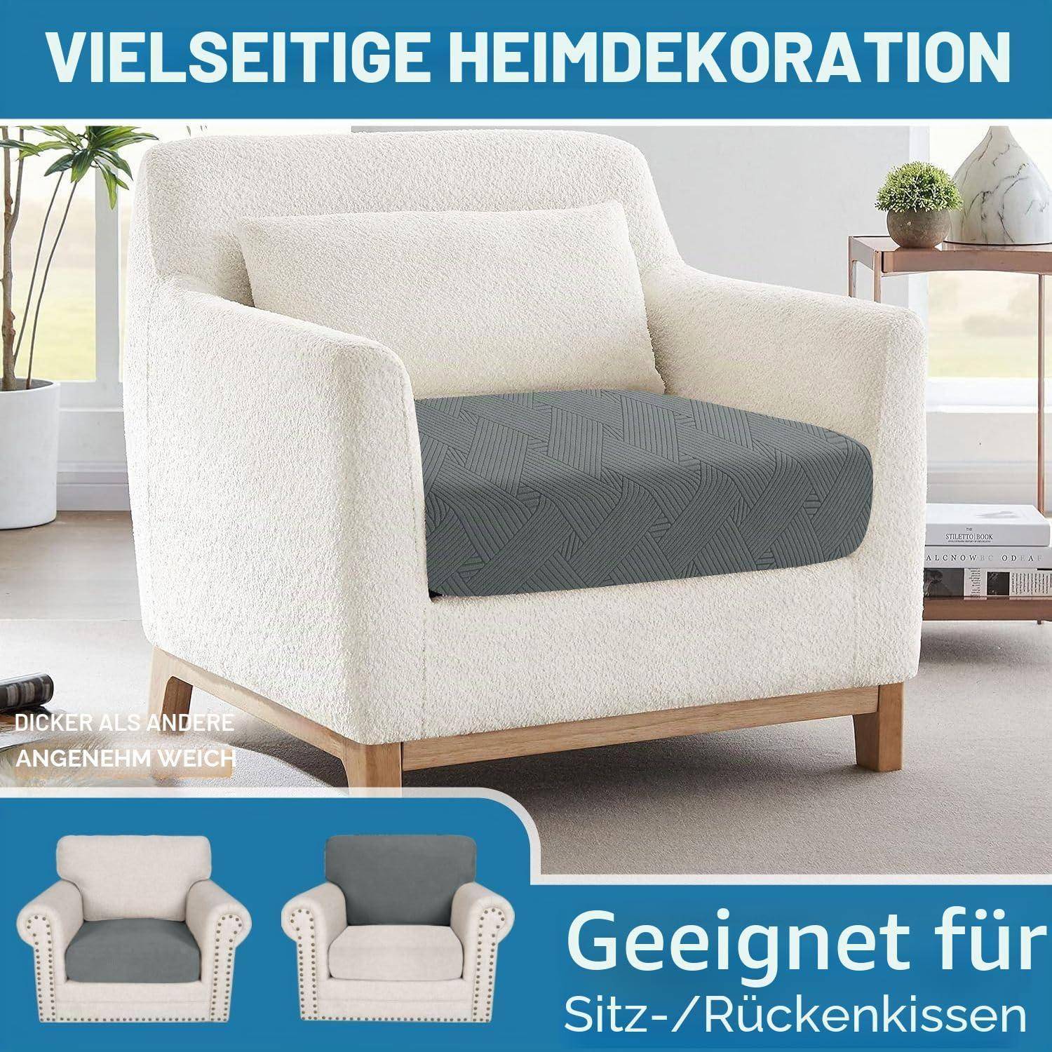 Weißer Sesselbezug mit grauem Sitzkissen, gezeigt als vielseitige Heimdekoration mit Text „VIELSEITIGE HEIMDEKORATION" und „Geeignet für Sitz-/Rückenkissen"".