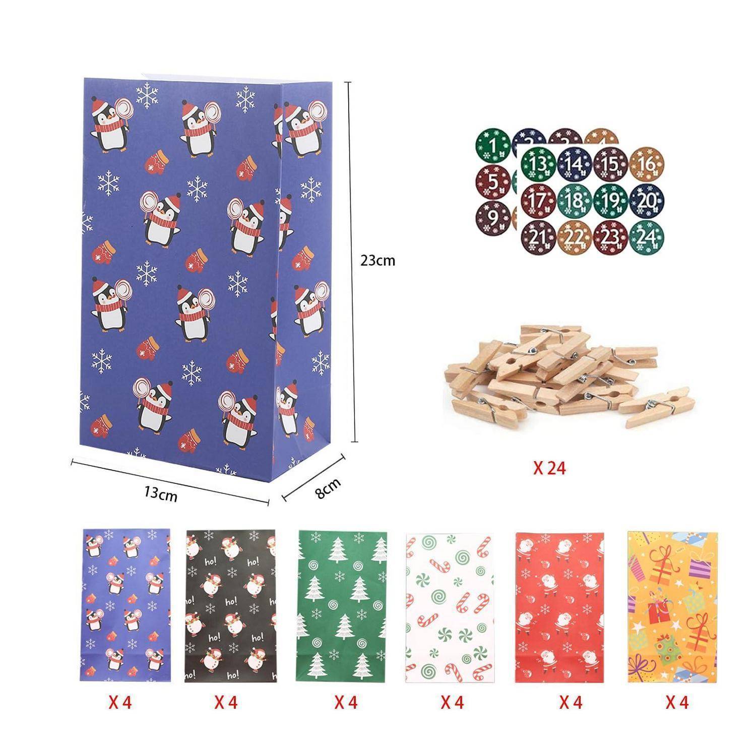 Sortierte Weihnachtsgeschenktüten, 23 cm hoch und 13 cm breit, mit 24 Holzklammern und 24 nummerierten runden Anhängern; sechs Taschenentwürfe werden gezeigt.
