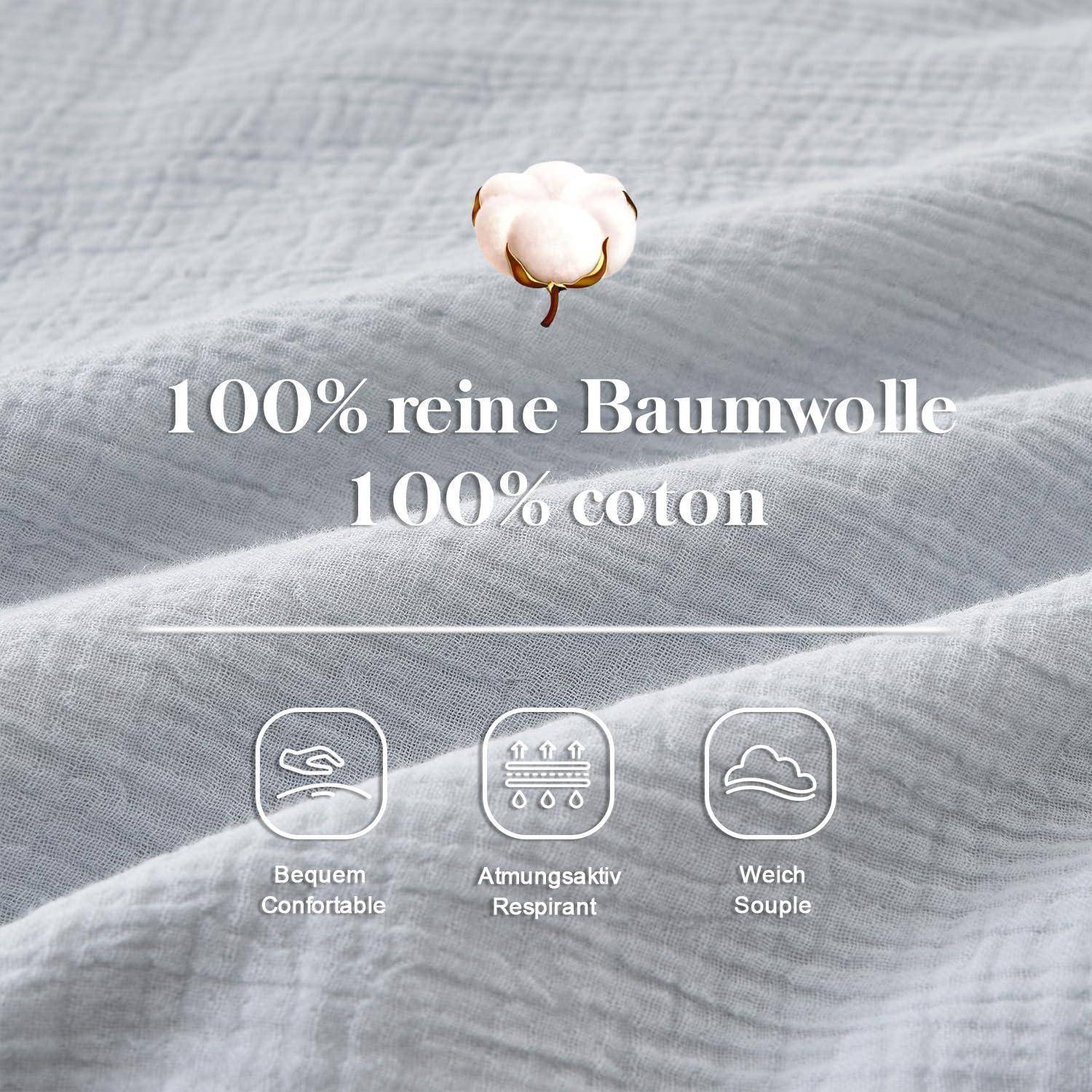 Baumwollstoff-Anzeige mit dem Text „100% reine Baumwolle / 100% coton" mit Symbolen, die komfortables, atmungsaktives und weiches Material hervorheben.