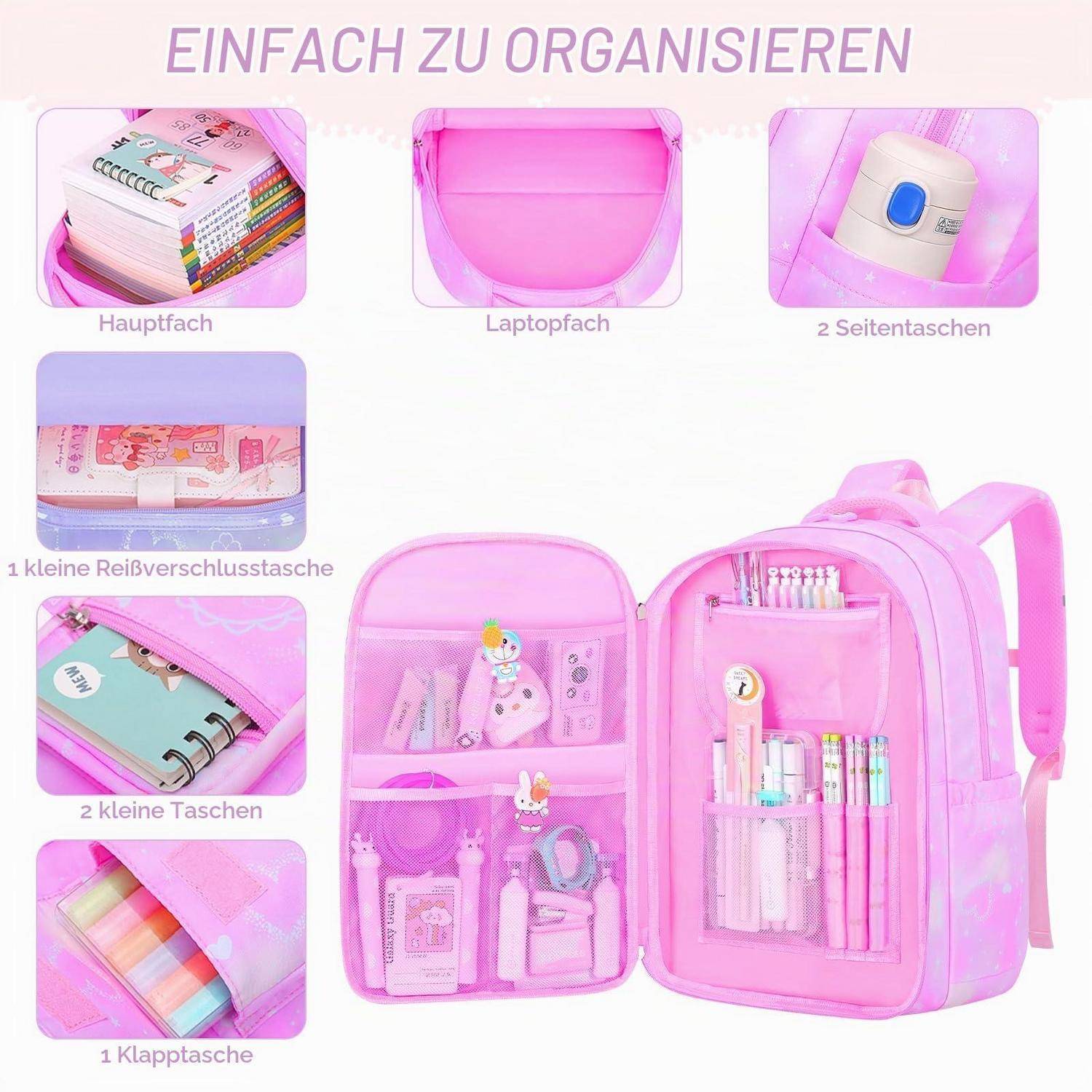 Amythe Schulrucksack Set 3-teilig Mädchen Lila Wasserfest