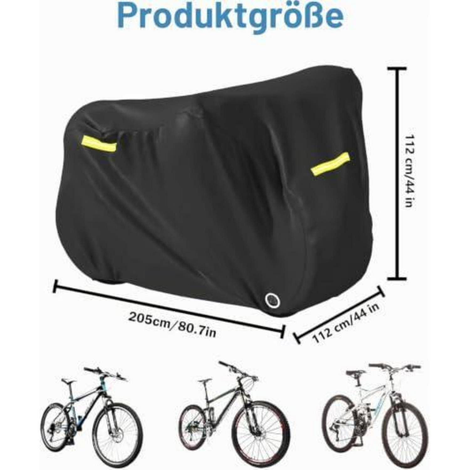 Produktgrößendiagramm mit einer schwarzen Fahrradabdeckung mit den Abmessungen 205 cm lang, 112 cm breit und 112 cm hoch, mit drei darunter abgebildeten Fahrrädern zur Größenvergleichung.