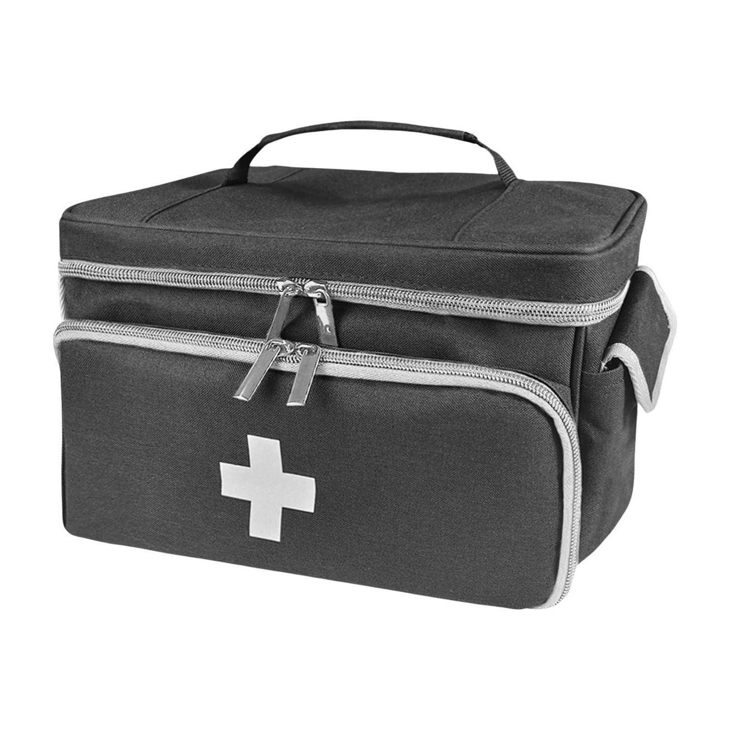 Schwarze Erste-Hilfe-Tasche mit Griff, Reißverschluss und weißem Medizinkreuz auf der Vorderseite.