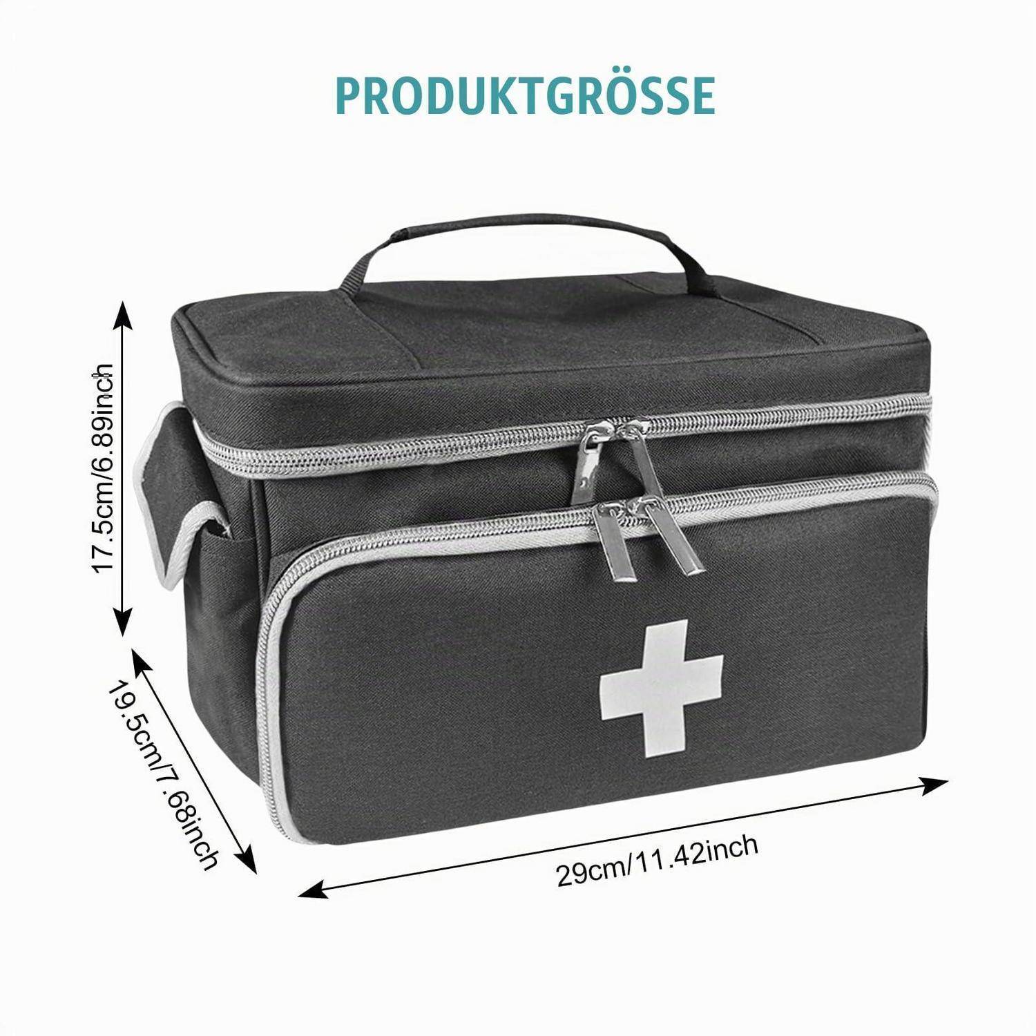 Schwarze Erste-Hilfe-Tasche mit der Bezeichnung „PRODUKTGRÖSSE