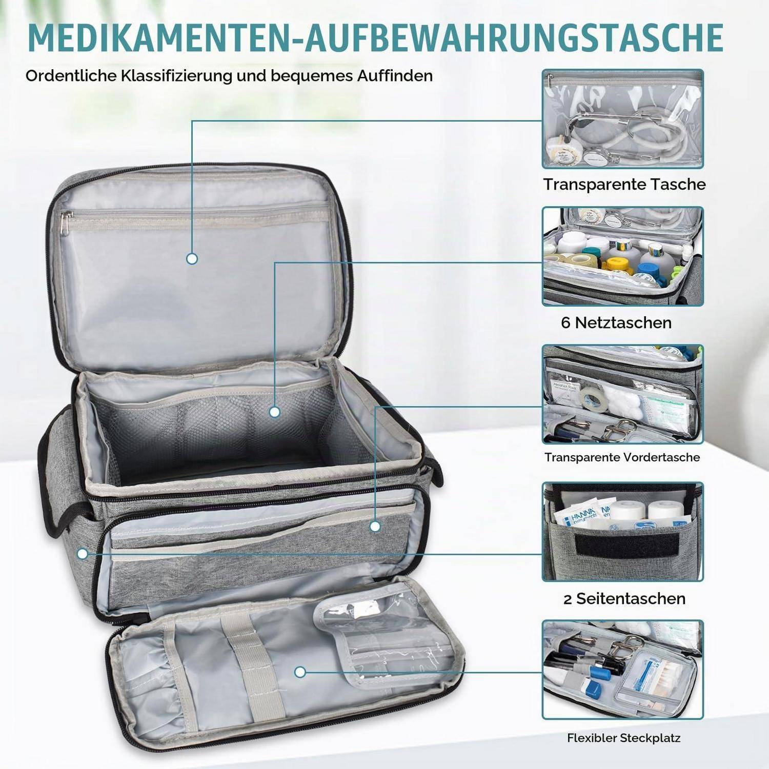 Medikamentenlagerungstasche mit transparenten Fächern, sechs Netzstoffpokalen, einer klaren Vordertasche, zwei Seitentaschen und flexiblen Einsätzen zur organisierten Medikamentenlagerung.