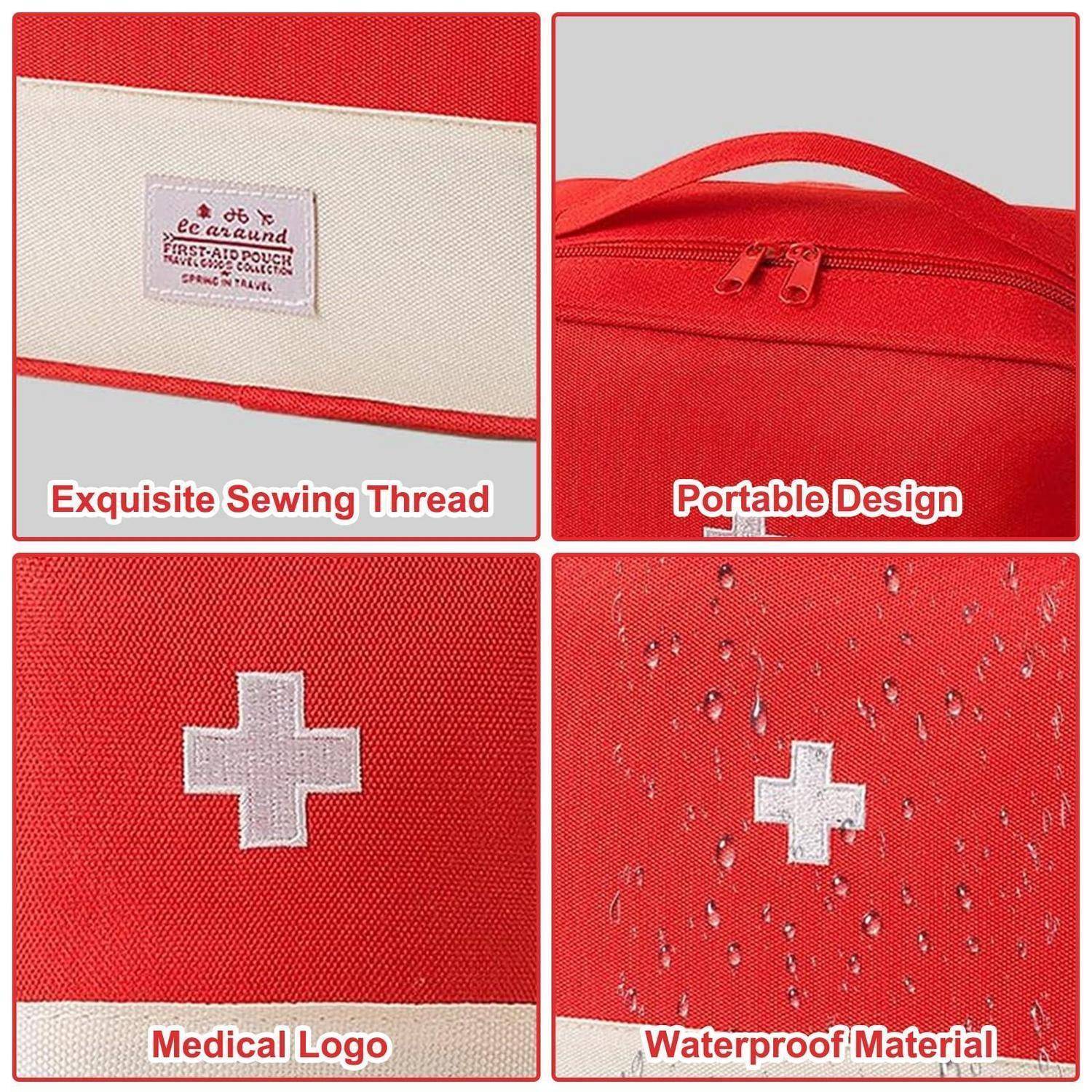 Vierpanel-Produktbild einer roten Erste-Hilfe-Tasche mit Nahdetail, tragbarem Griff, medizinischem Kreuzlogo und wasserdichtem Material.