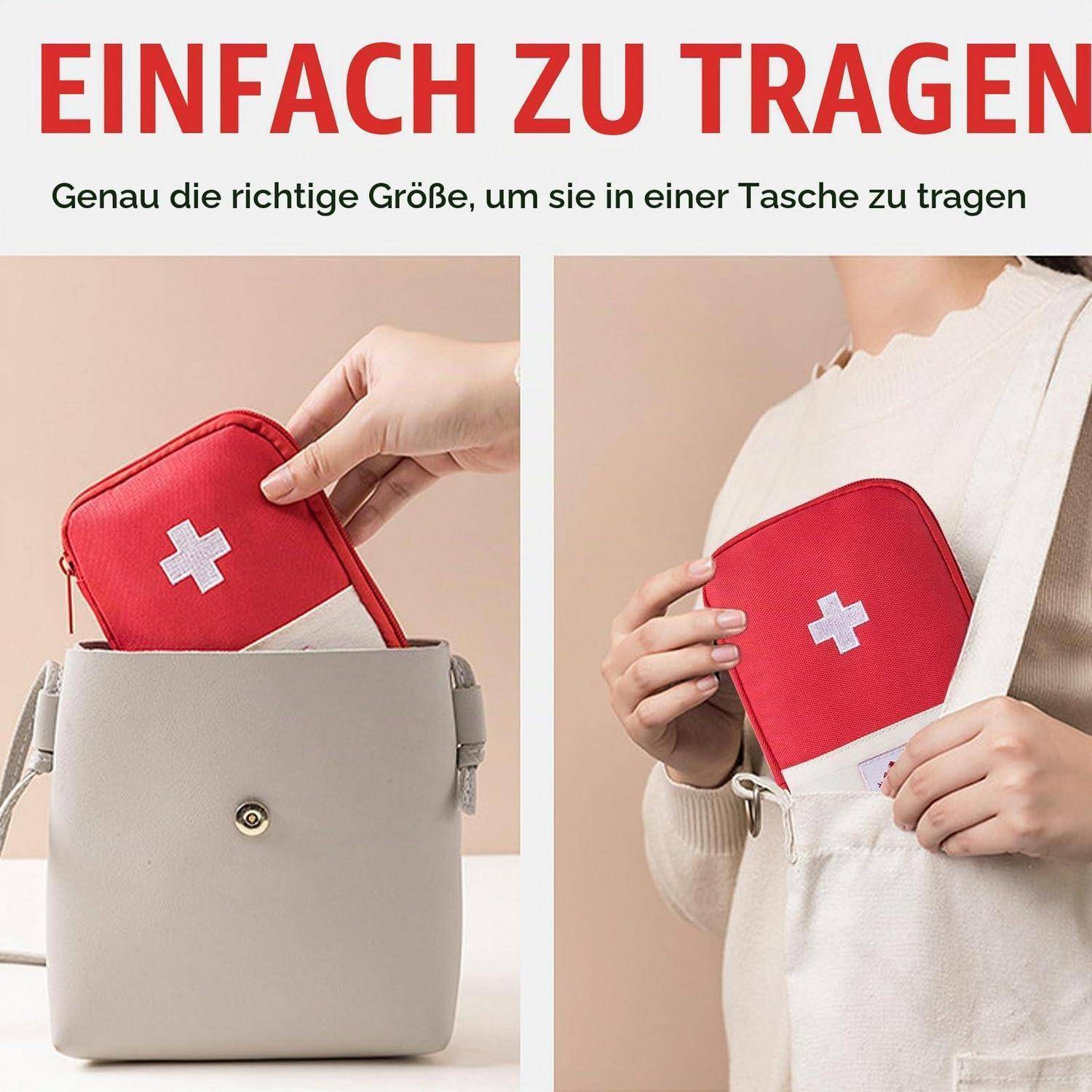 Zweifach-Anzeige zeigt ein kleines rotes Erste-Hilfe-Set mit einem weißen Kreuz, beschriftet mit 'EINFACH ZU TRAGEN' und 'Genau die richtige Größe, um sie in einer Tasche zu tragen'.
