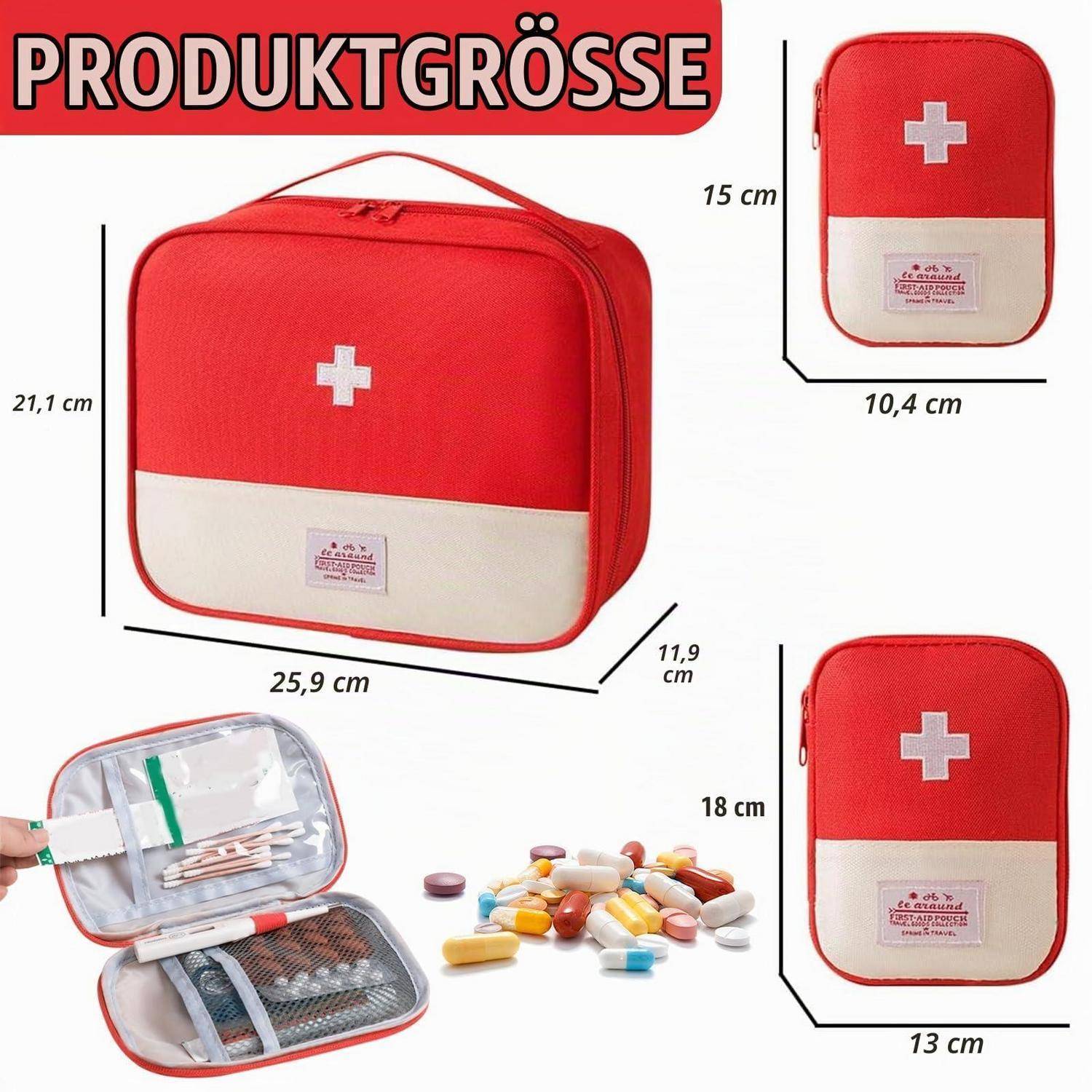 Größendiagramm einer roten Erste-Hilfe-Tasche mit den Abmessungen 25,9 x 21,1 x 11,9 cm, mit Seitenansichten von 15 x 10,4 cm und 18 x 13 cm, sowie einem offenen Fach und Medikamenteninhalten.