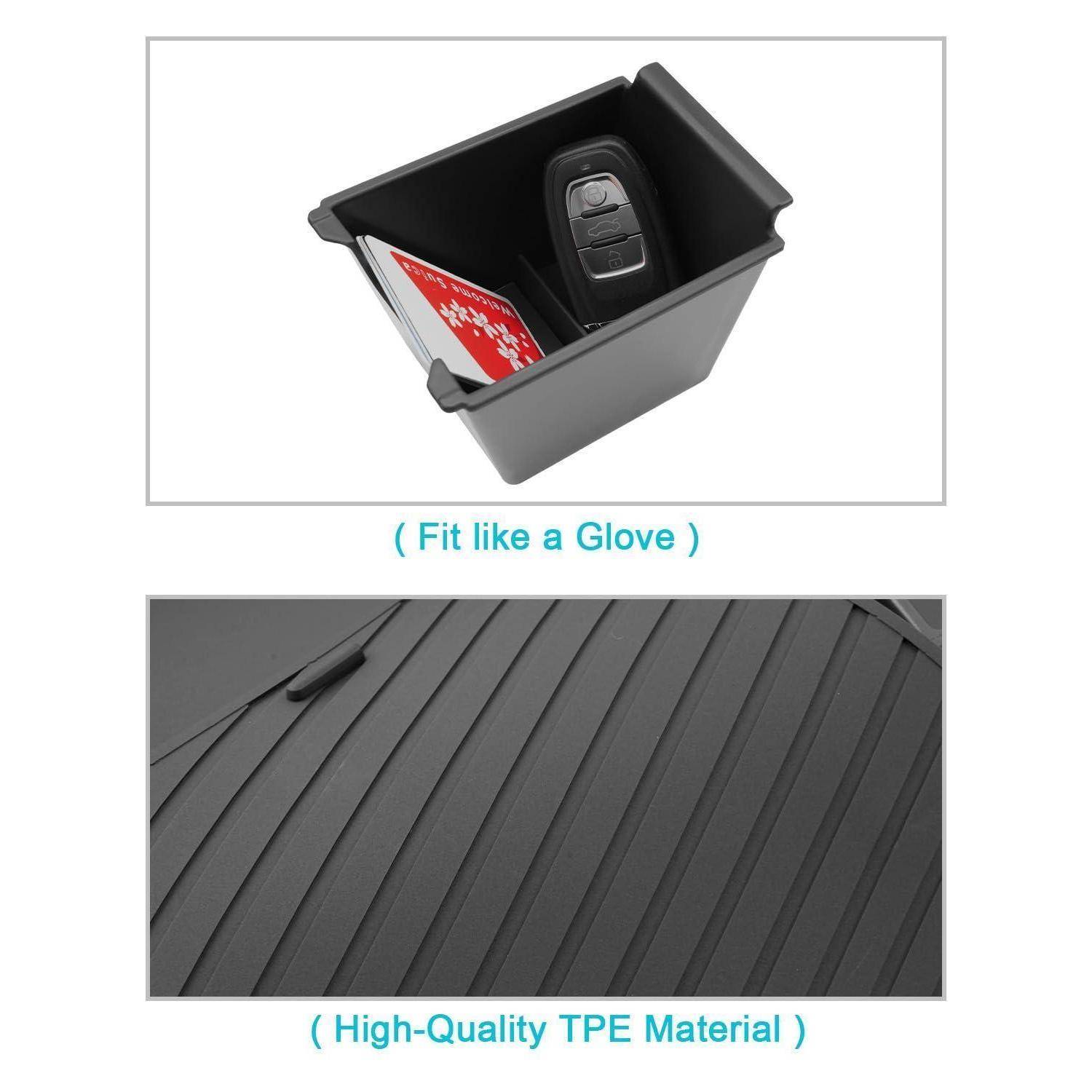 Produktbilder eines maßgeschneiderten schwarzen Auto-Organizer-Tabletts und einer Musterprobe aus strukturiertem schwarzem TPE-Material, mit den Bezeichnungen „Passt wie eine Maßanfertigung" und „Hochwertiges TPE-Material"