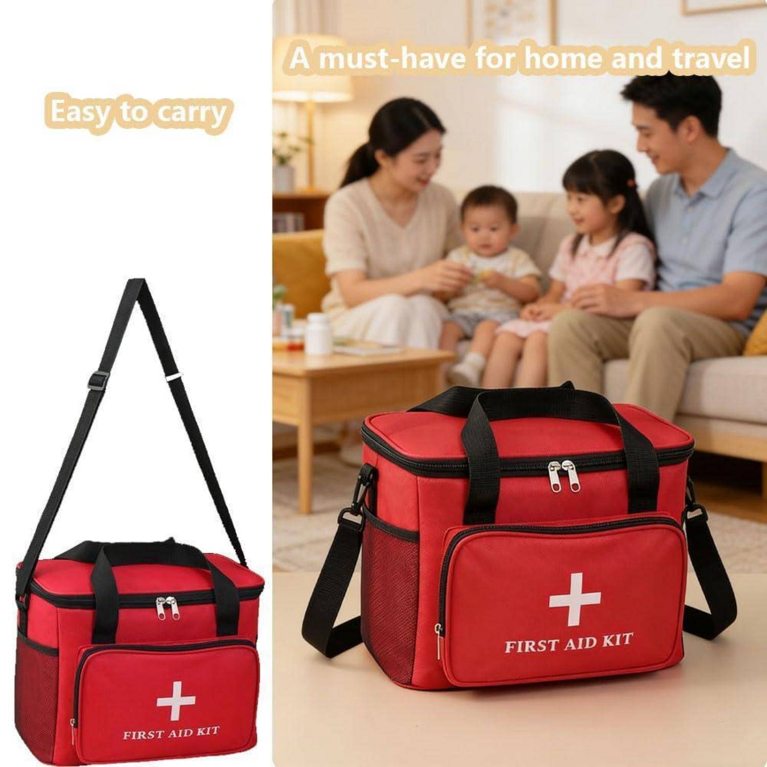 Rote Erste-Hilfe-Tasche mit Schultergurt und weißem Kreuz, dargestellt als leicht zu tragen und geeignet für Zuhause und Reisen.