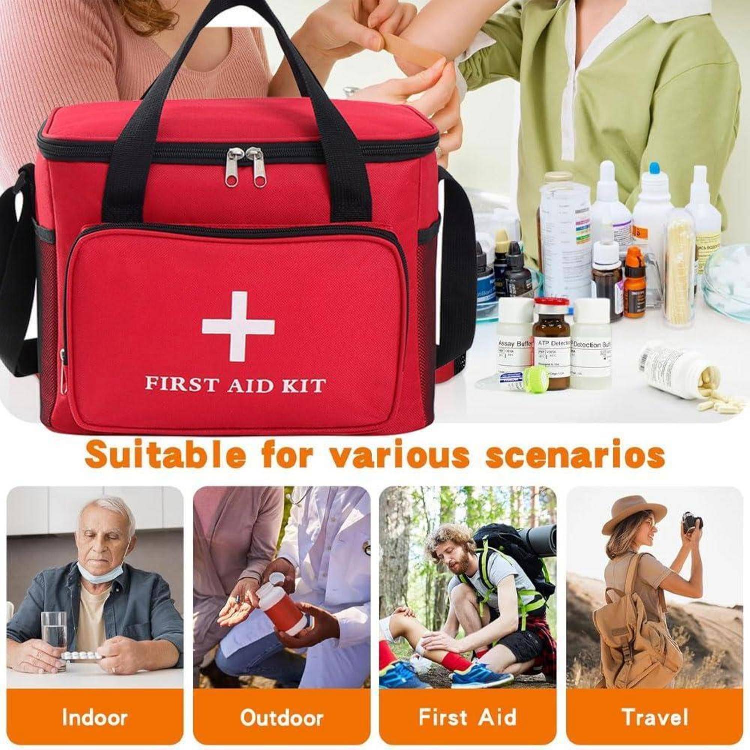 Rote Erste-Hilfe-Tasche mit medizinischen Materialien, gezeigt als geeignet für den Innen- und Außenbereich, Erste Hilfe und Reisegebrauch.