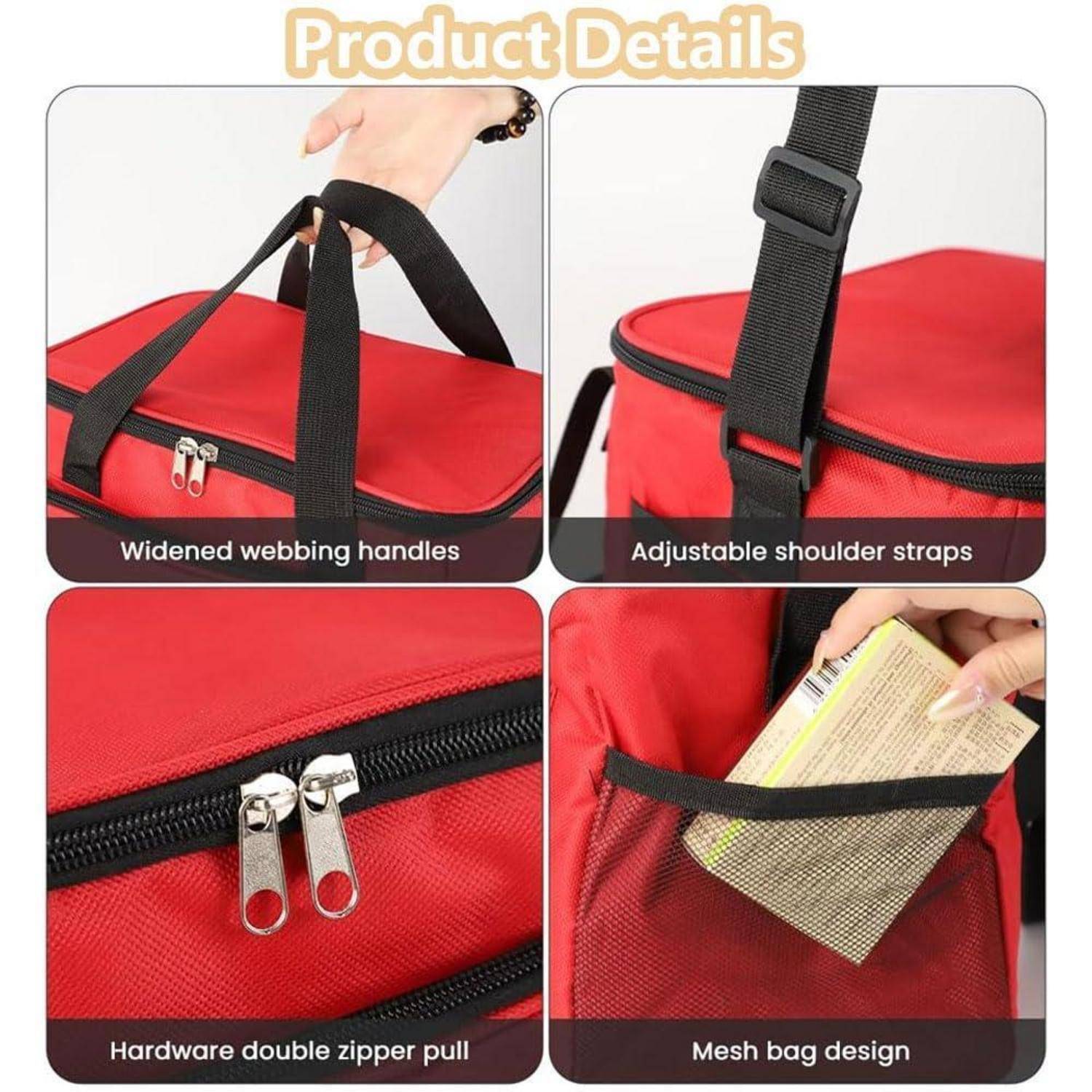 Produktdetails einer roten isolierten Tasche mit verbreiterten Webband-Griffen, verstellbaren Schultergurten, doppelten Reißverschlusszügen und einer Netztasche.