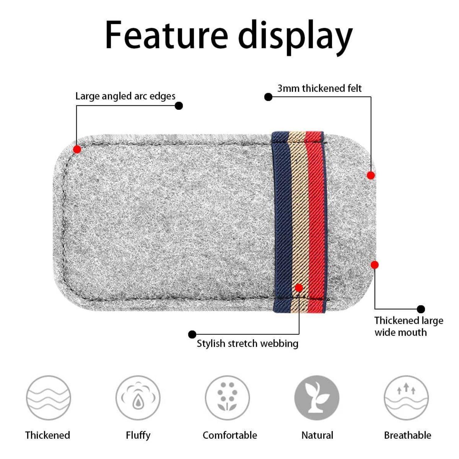 Produktmerkmale einer grauen Filztasche mit abgerundeten Ecken und gestreiftem Webband, gekennzeichnet mit großen geneigten Bogenkanten, 3 mm verdicktem Filz und breiter Öffnung; Symbole heben verdichtet, flauschig, bequem, natürlich, atmungsaktiv hervor.
