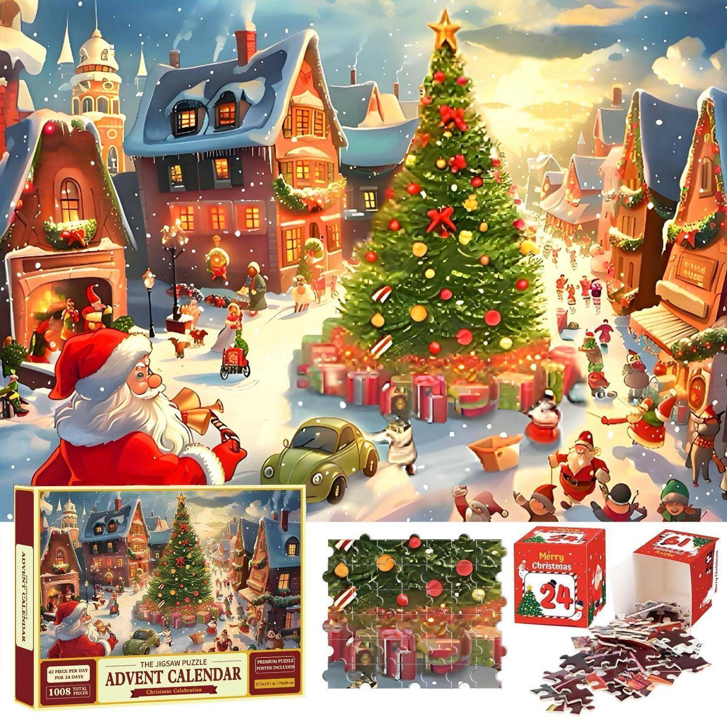 Weihnachtsdorfszene mit einem großen geschmückten Baum und dem Weihnachtsmann, plus einer Adventskalender-Produktbox und darunter gezeigten Puzzleteilen.
