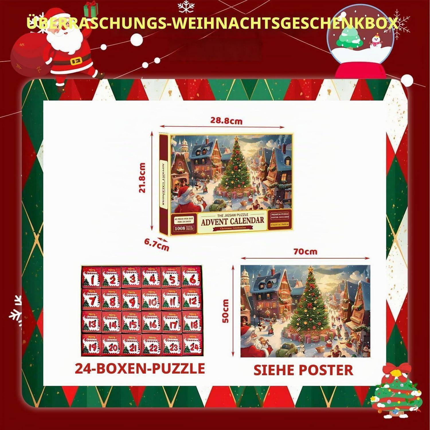 Weihnachtsüberraschungsgeschenkbox mit einem Adventskalender, 24er-Box-Puzzle und Poster, mit Größen von 28,8x21,8x6,7 cm und 70x50 cm.