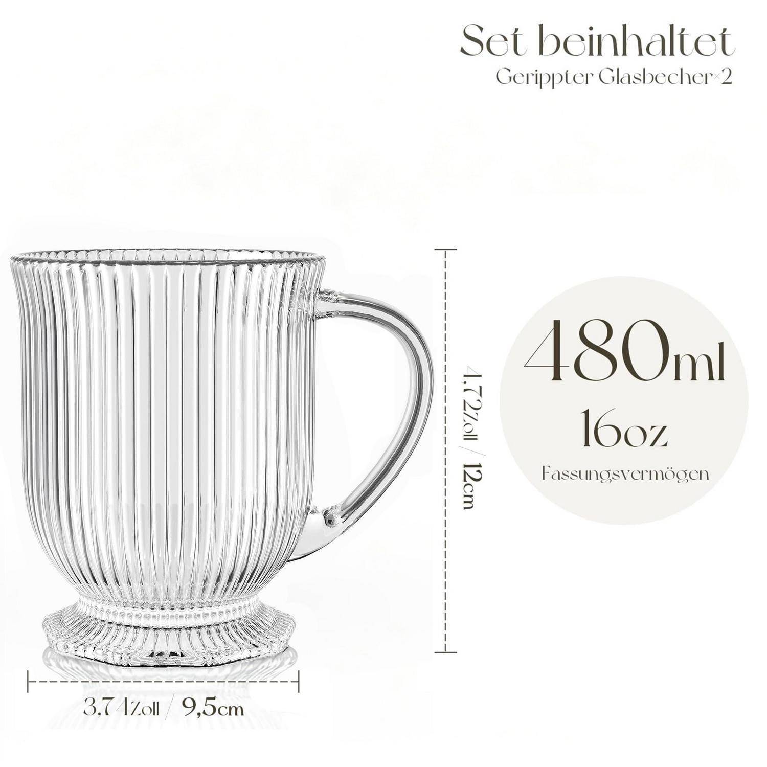 Produktbild eines gerippten Glasbechers mit Griff, beschriftet mit „Set beinhaltet 6 gerippter Glasbecher 2"; Fassungsvermögen 480 ml/16 oz und Abmessungen 12 cm Höhe, 9,5 cm Breite.