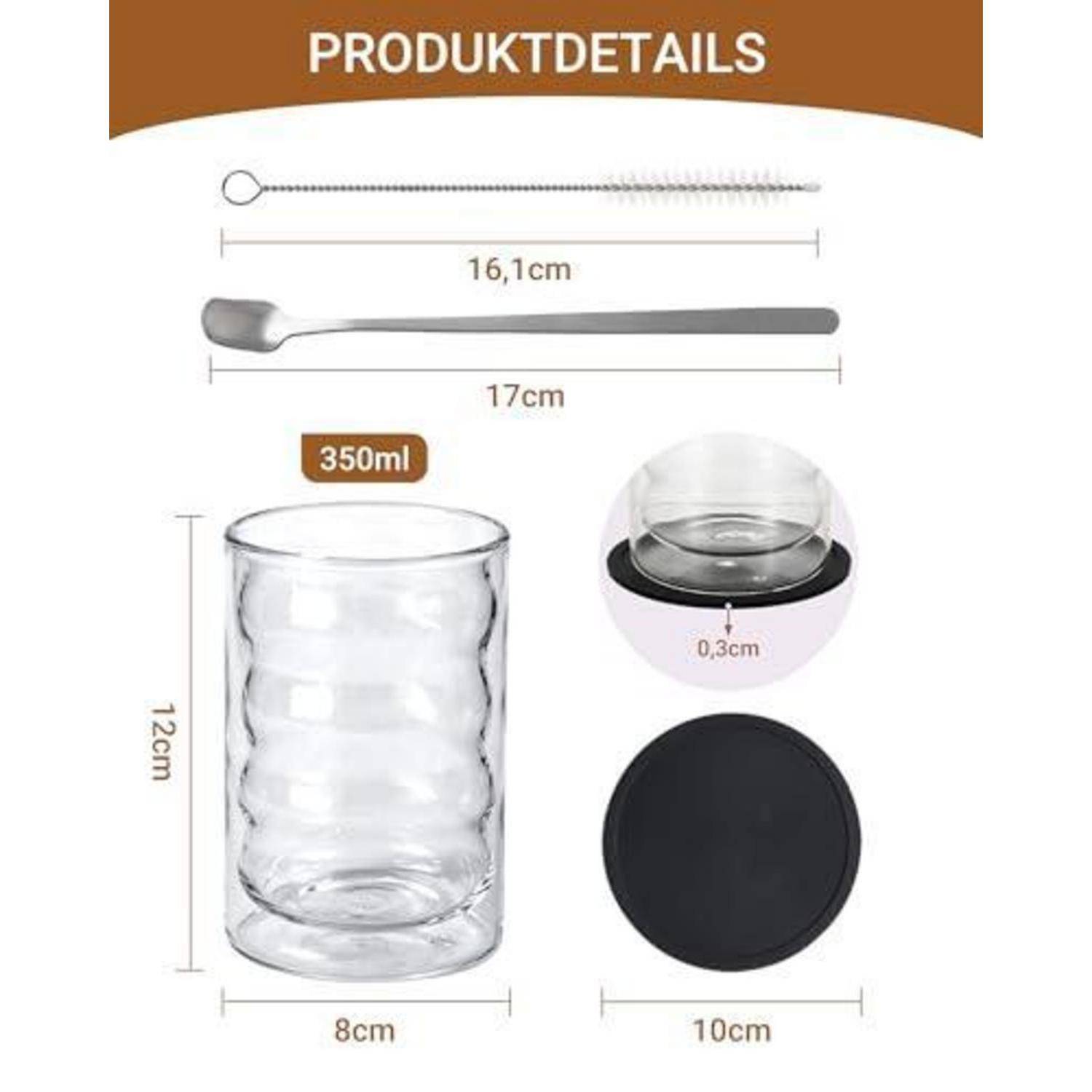 Produktdetails-Diagramm für ein 350-ml-Glas: Löffel 17 cm, Bürste 16,1 cm, Tasse 12 cm hoch und 8 cm breit, Deckel 10 cm Durchmesser, 0,3 cm dick.