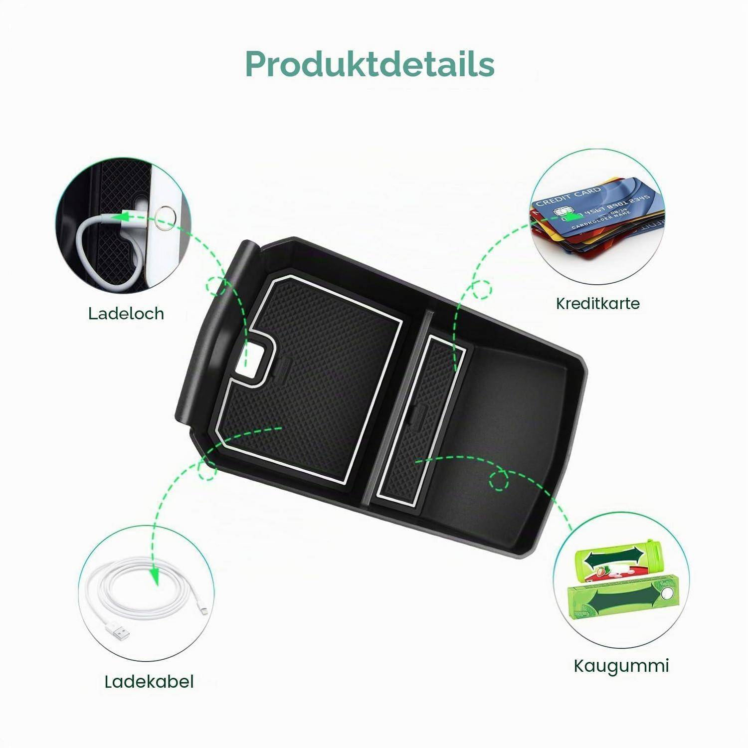 Produktdetails-Diagramm, das eine schwarze Handyhülle mit Kartensteckplatz und Ladeanschluss zeigt, mit den Beschriftungen Ladeloch, Kreditkarte, Ladekabel und Kaugummi.