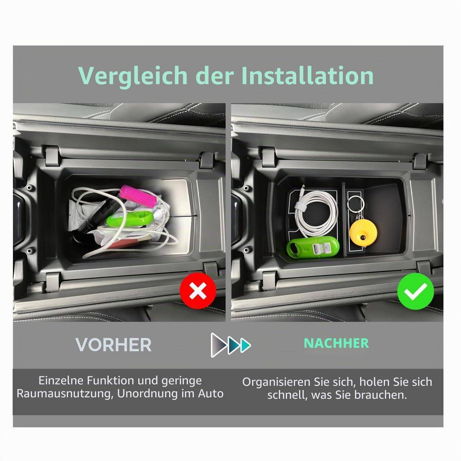 Vergleich der Autoaufbewahrungsinstallation: vorher, ein unordentliches Fach mit durcheinander geworfenen Gegenständen; nachher, ordentlich organisierte Zubehörteile in separaten Fächern mit einem Häkchen.