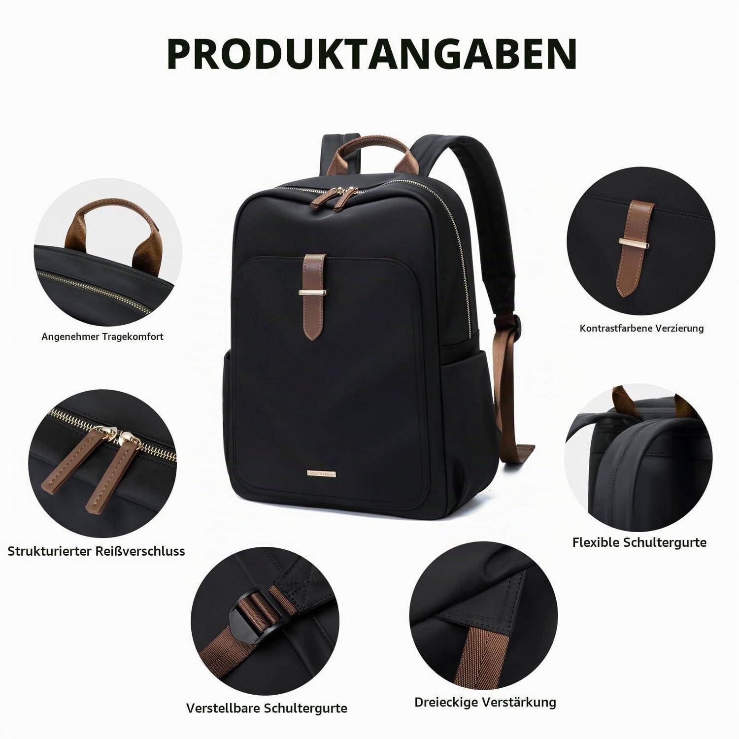 Produktmerkmale eines schwarzen Rucksacks mit braunen Akzenten, das einen bequemen Griff, einen strukturierten Reißverschluss, Kontrastdekorationen, flexible und verstellbare Schultergurte sowie dreieckige Verstärkung zeigt.
