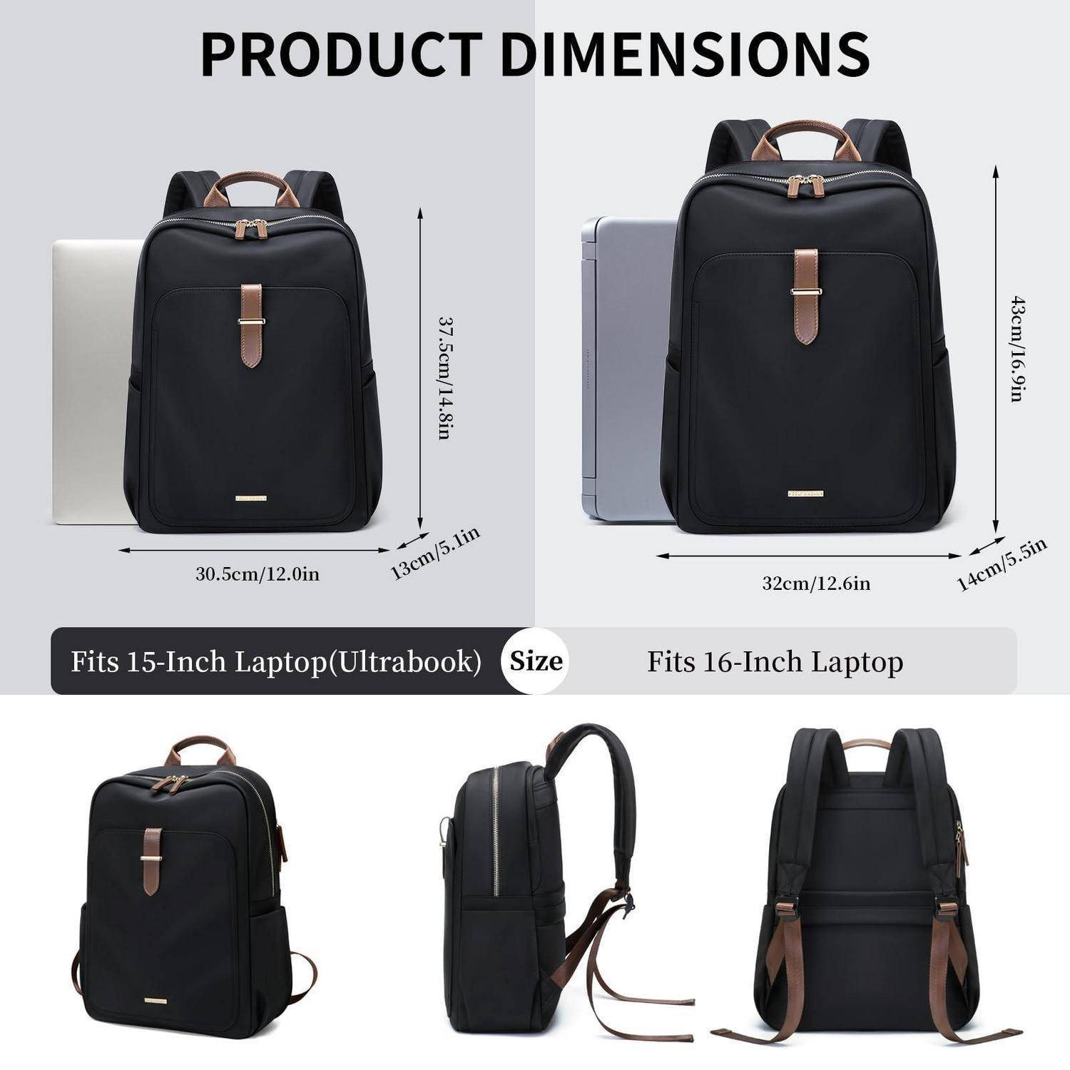 Produktabmessungen für einen schwarzen Rucksack: 30,5 x 12 x 37,5 cm passt für einen 15-Zoll-Laptop; 32 x 14 x 43 cm passt für einen 16-Zoll-Laptop.