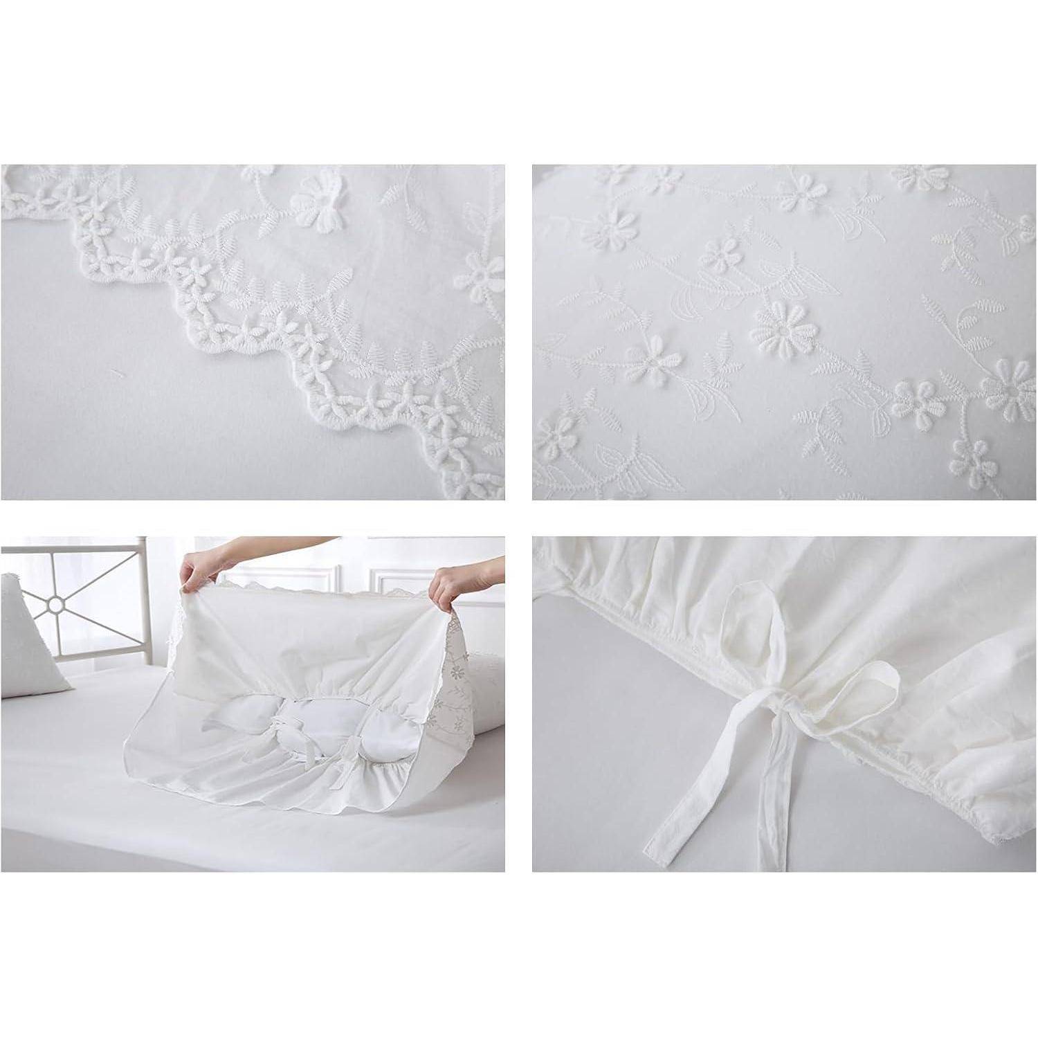 Collage aus weißer bestickter Bettwäsche oder Stoffdetails, einschließlich Spitzenbesatz, Blumenmuster, ein Spannbettlaken, das über eine Matratze gezogen wird, und einem gebundenen Bandverschluss.