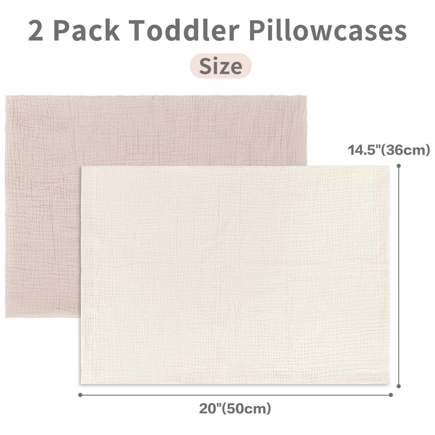 Größentabelle für 2er-Pack Kleinkind-Kissenbezüge, zeigt zwei Kissenbezüge mit den Maßen 20" x 14,5"" (50 x 36 cm).