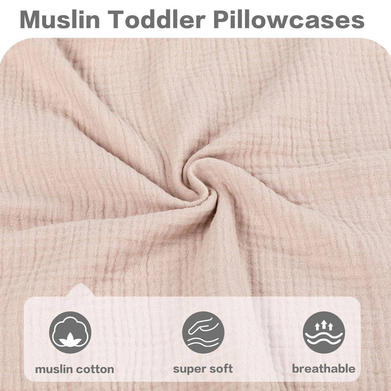 Musselin-Kissenbezug für Kleinkinder aus hellem Beigestoff, gekennzeichnet mit „Musselin-Baumwolle", „superweich"" und „atmungsaktiv"".