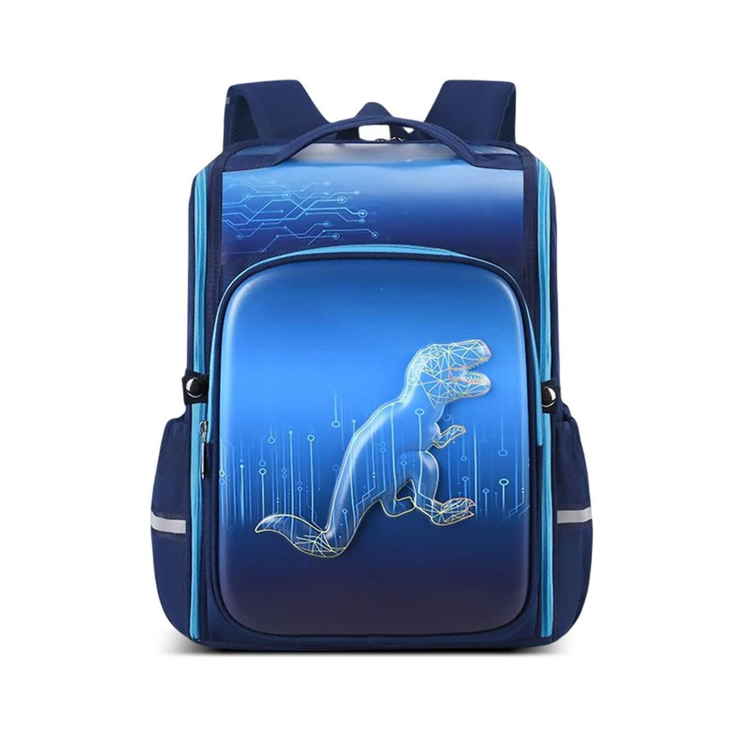 Blauer Kinderrucksack mit leuchtendem Dinosaurier-Motiv und vorderer Reißverschlusstasche, auf weißem Hintergrund abgebildet.