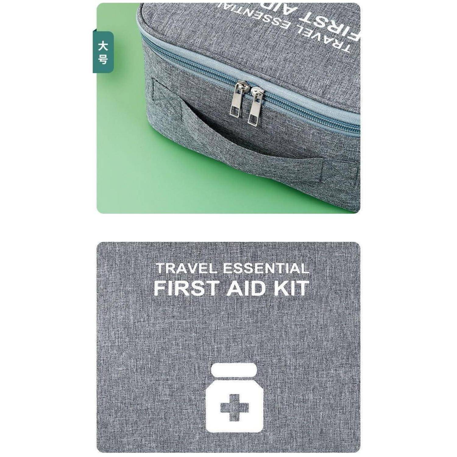 Graue Stoffkompaktapotheke mit Reißverschlusstasche und weißem Label „TRAVEL ESSENTIAL FIRST AID KIT".