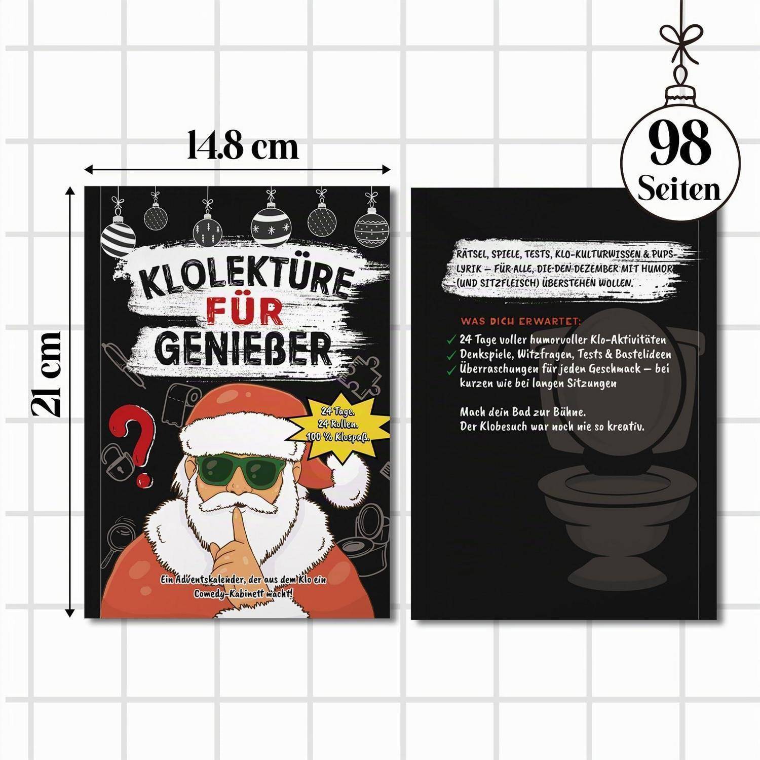 Zweiseitige festliche Buchcover-Mockup zeigt ein "Klolektüre für Genießer"" Toiletten-Gag-Geschenk-Buch, 14,8 cm x 21 cm, 98 Seiten, mit dem Weihnachtsmann auf der Vorderseite und Produktdetails auf der Rückseite.