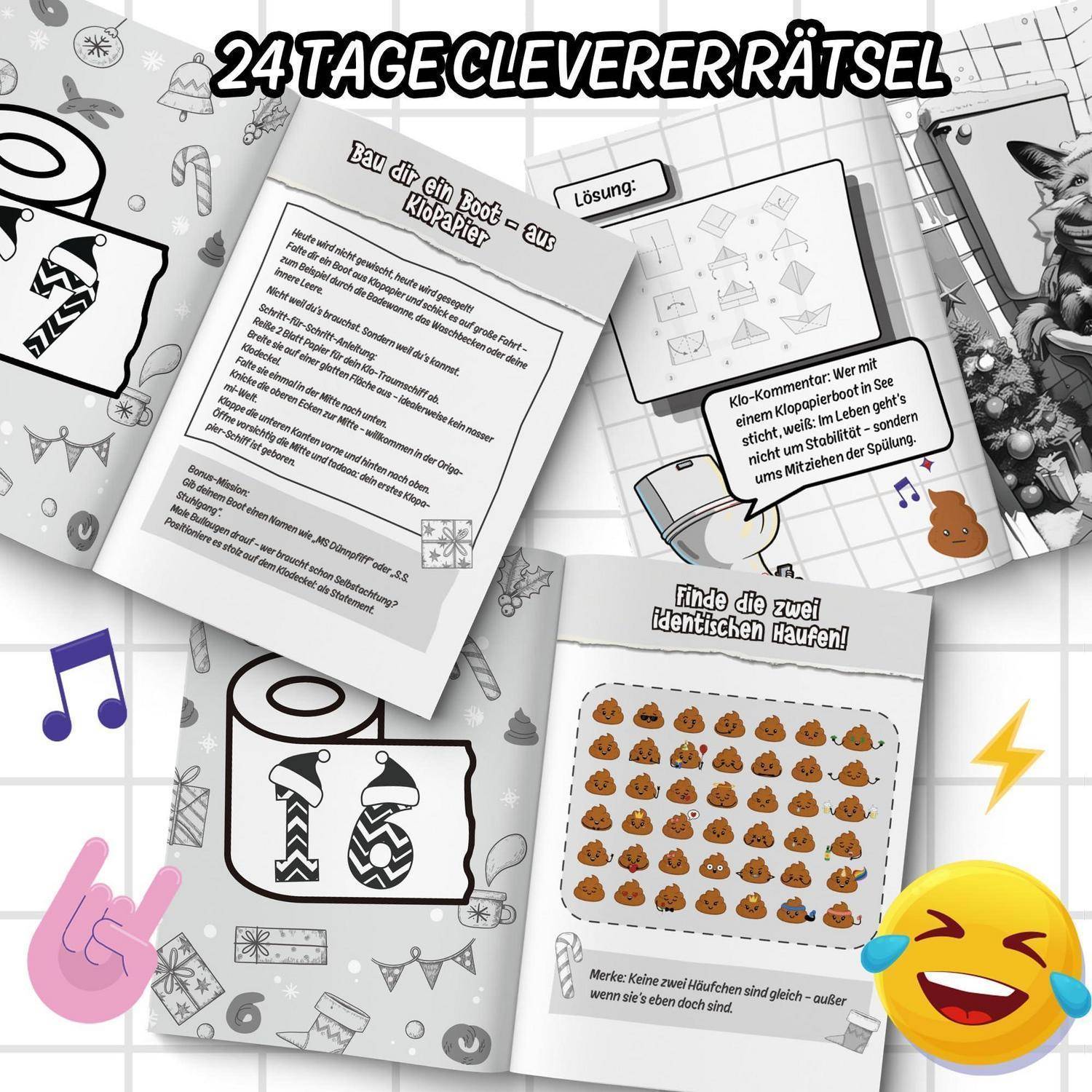Grafik eines deutschen Kinderrätselbuchs mit dem Titel „24 Tage Cleverer Rätsel" mit Beispielseiten, einschließlich einer Origami-und-Kopie-Aufgabe und eines „Finde die zwei identischen Haufen""-Kothaufen-Zuordnungspuzzles.