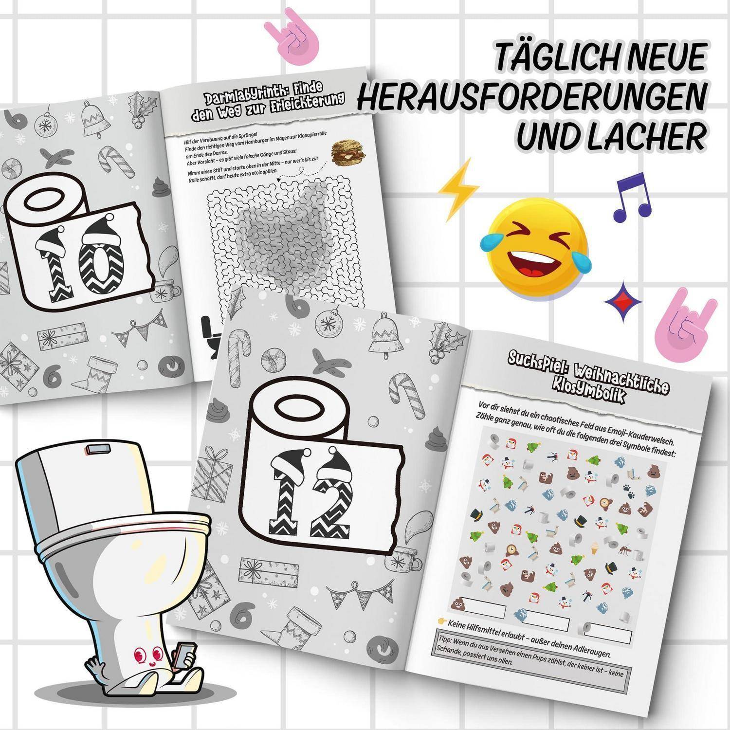 Collage aus deutschen Toilettenpapier-thematizierten Aktivitätsblättern und einer Cartoon-Toilette mit der Nummer 12, die tägliche Herausforderungen und Lachen fördert.