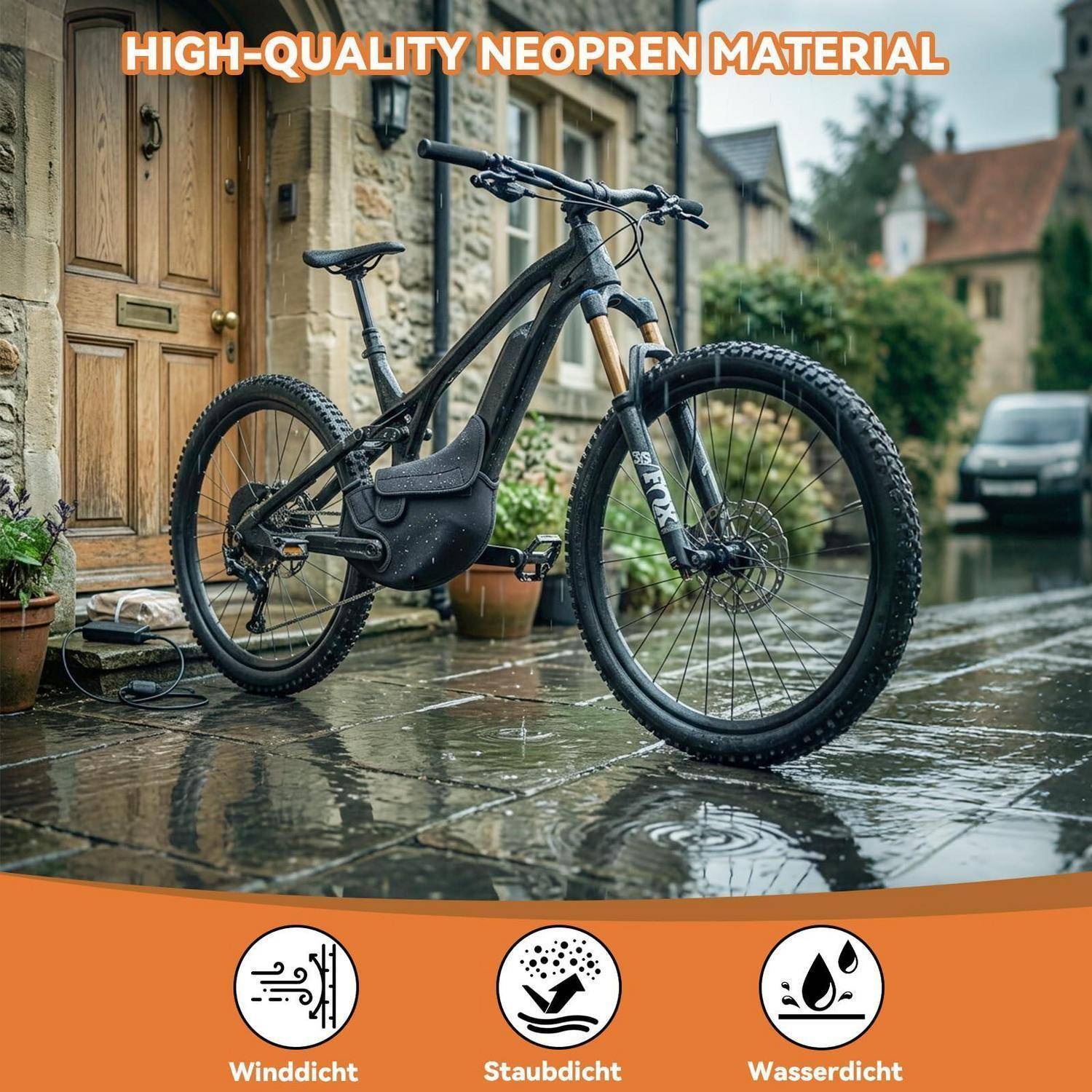 Schwarzes Mountainbike im Regen mit einer Neopren-Rahmentasche; Text hebt „HOCHWERTIGES NEOPRENMATERIAL" hervor und Symbole für winddicht, staubdicht und wasserdicht.