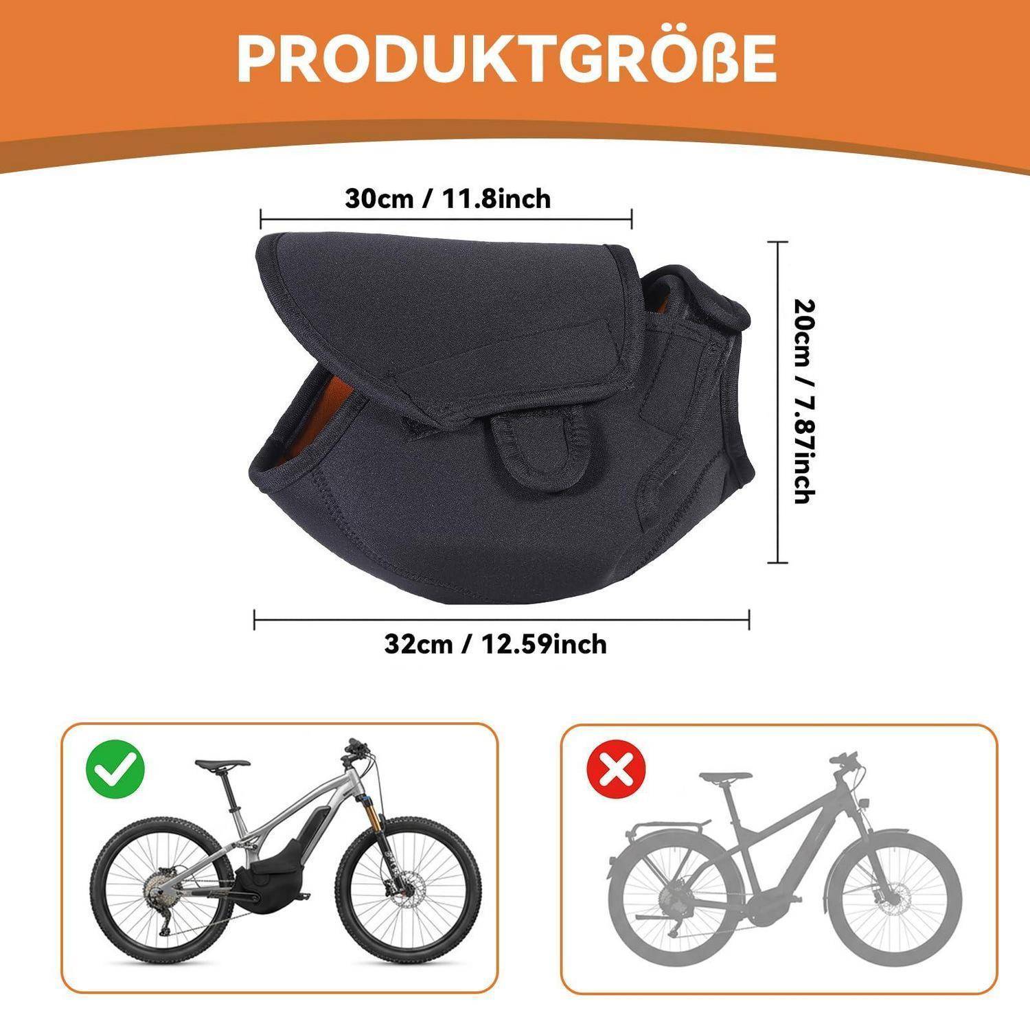 Größendiagramm für eine Fahrradrahmentasche: 30 cm breit, 32 cm lang, 20 cm hoch; dargestellt als Montage auf einem Bike, nicht auf einem gewöhnlichen Fahrrad.