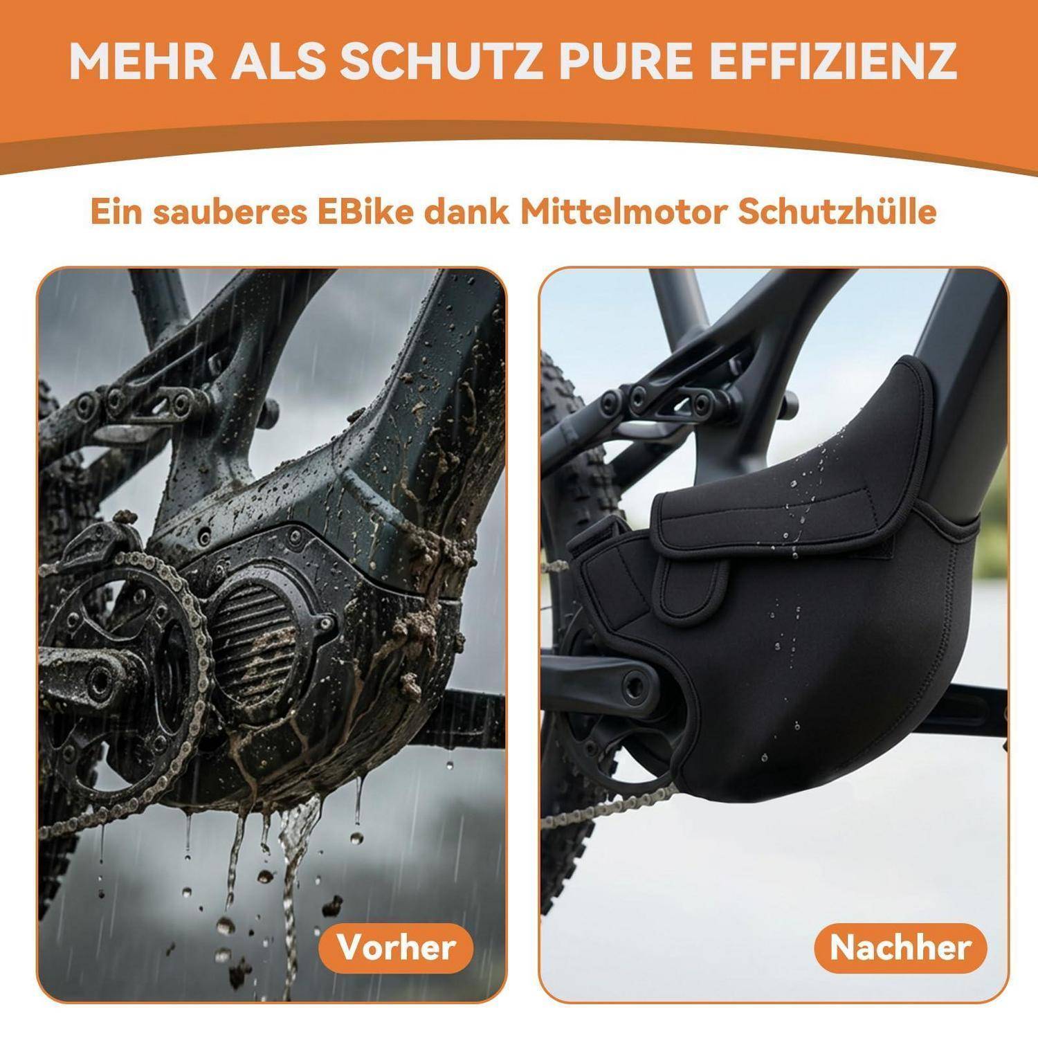 Nebeneinander-Vergleich eines E-Bike-Mittelmotors vor und nachher: links schmutzig und nass, rechts sauber und geschützt, um mehr Schutz und Effizienz zu fördern.