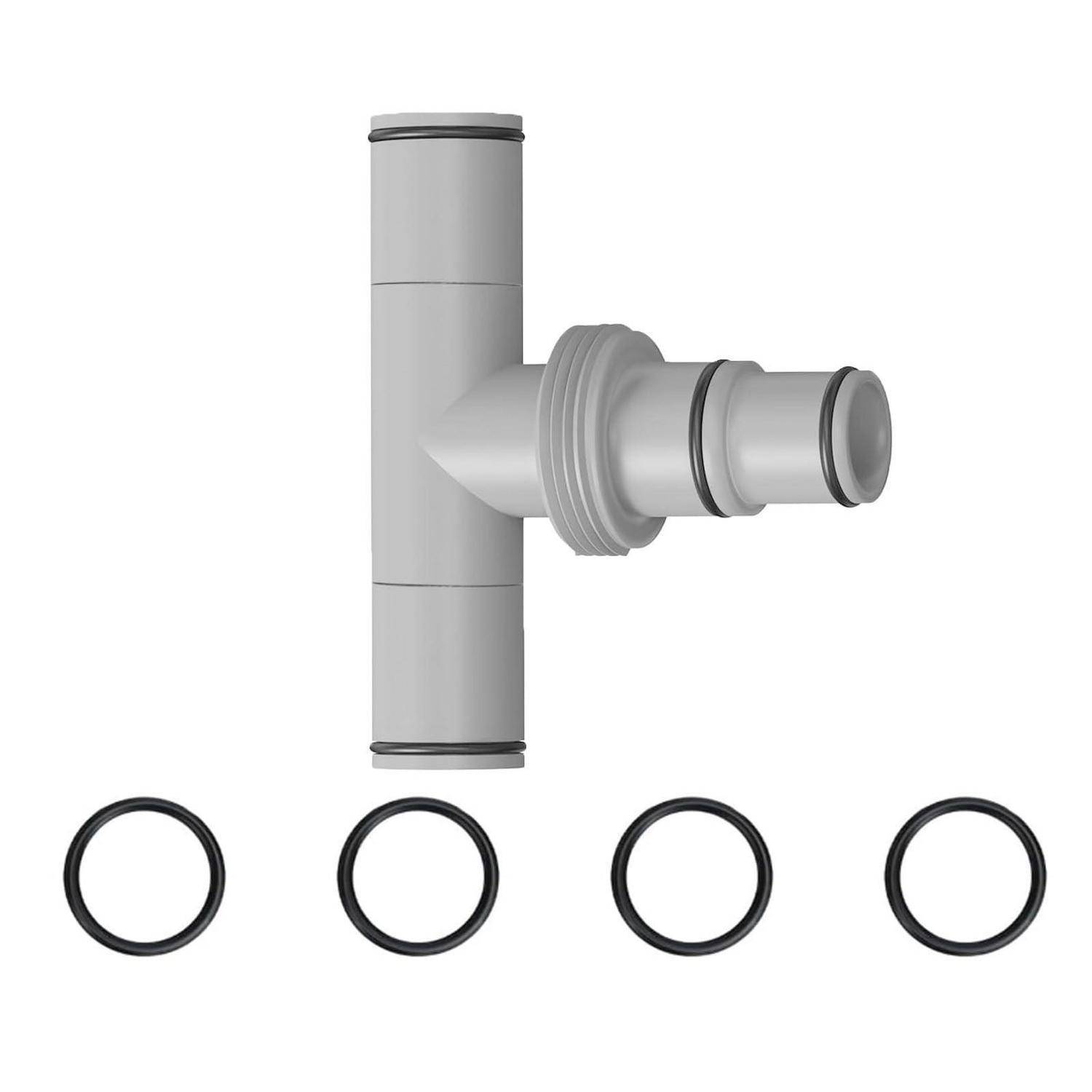 Grauer Kunststoff-Sanitärverbinder mit vier schwarzen O-Ringen unten dargestellt, was auf ein Montage- oder Ersatzteildiagramm hindeutet.