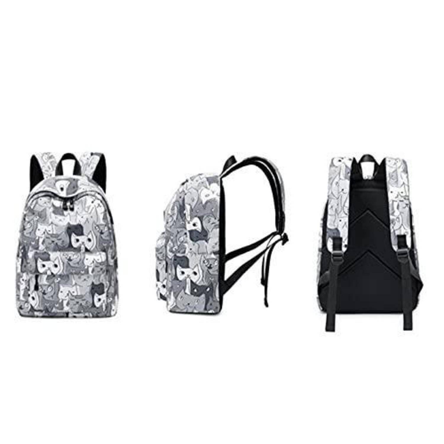 Drei Ansichten eines grauen Rucksacks mit Katzenmuster: Vorderseite, Seitenseite und Rückseite mit schwarzen Trägern.