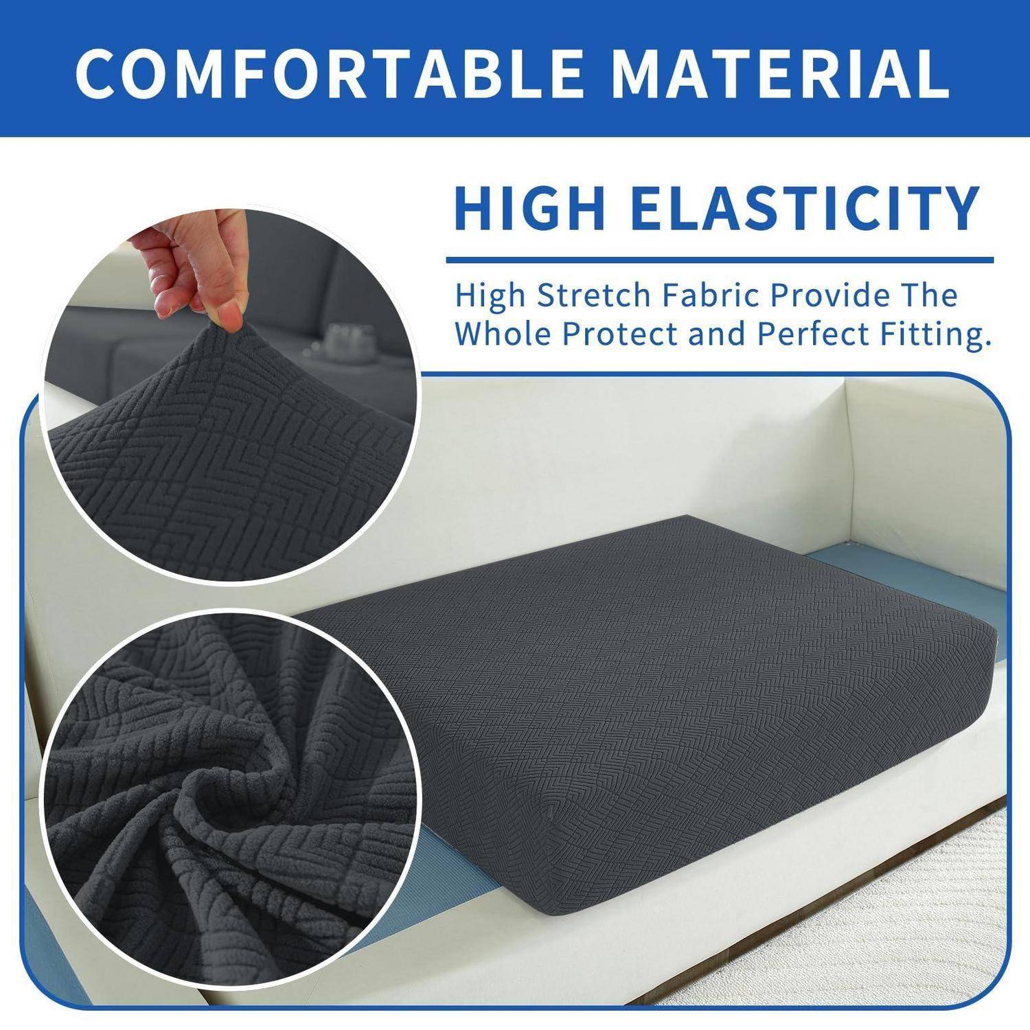 Werbegrafik für einen dehnbaren Sofabezug, die „Komfortables Material" und „Hohe Elastizität"" zeigt, mit Nahaufnahmen von dunkel strukturiertem Stoff und einem Spannbezug auf einem Sofa.
