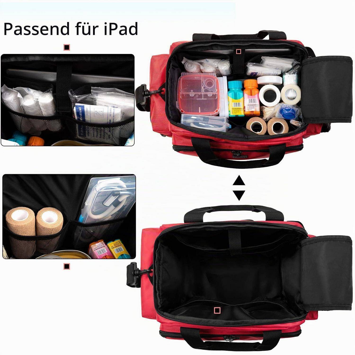 „Passend für iPad" zeigt eine rote Tasche mit offenen Fächern und Netzstofftaschen, die organisierte Utensilien halten, sowie ein größeres leeres Hauptfach darunter.
