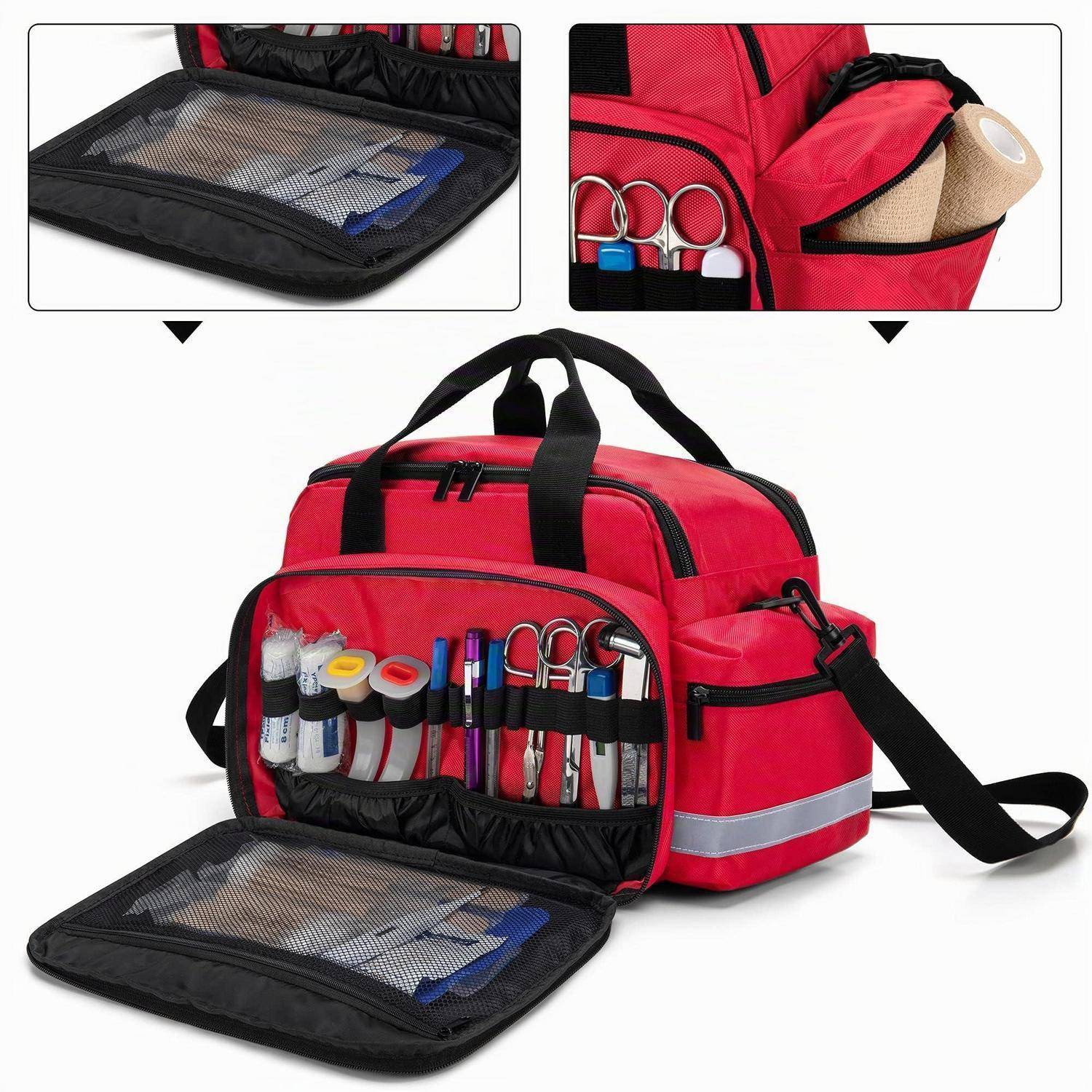 Rote Medizin-Organizer-Tasche mit mehreren Werkzeugtaschen, offen, um Vorräte und ein Mesh-Reißverschlussfach zu zeigen.